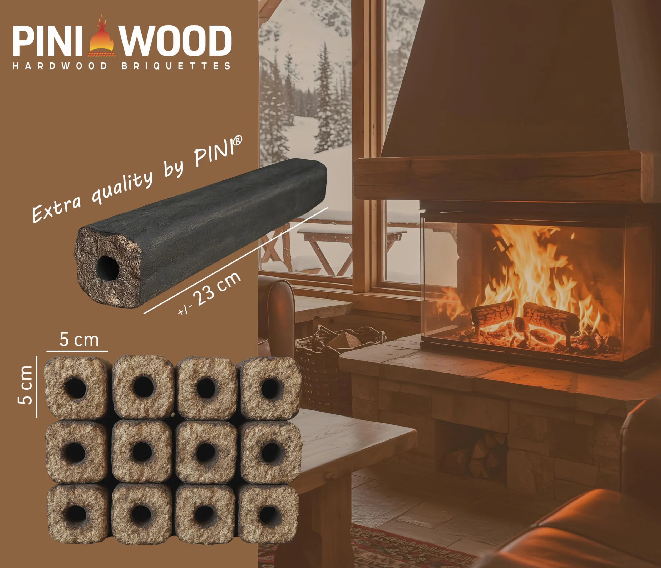 PINI Kay Briquets de roble de 23 cm de largo cuadrados con orificio de extracción 15 kg Briquets de madera dura Leña de roble para chimenea, estufa, fuego abierto, parrilla