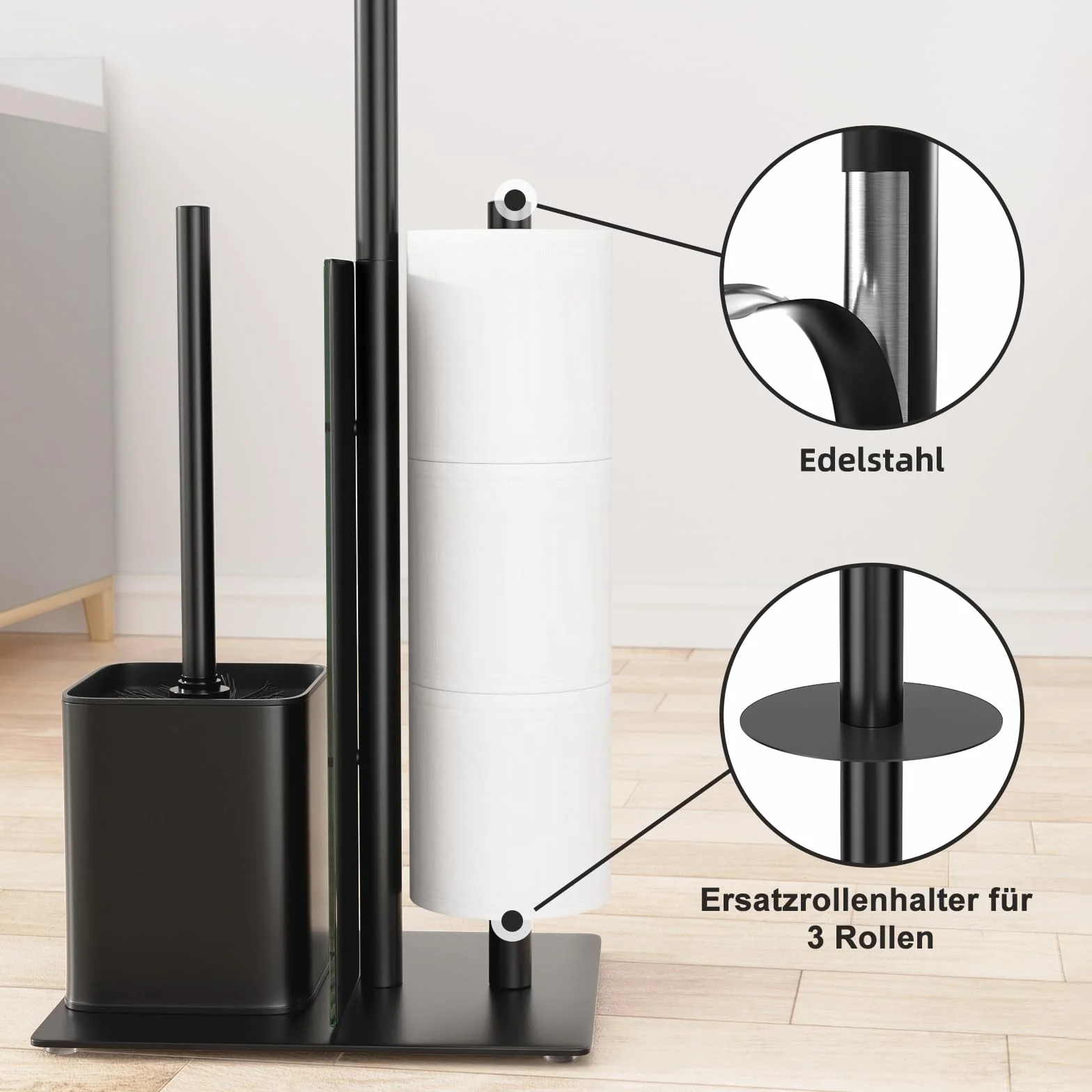 Portarrollos de Papel Higiénico de Pie con Escobillero, Soporte para Papel Higiénico con Escobilla de Acero inoxidable, sin Necesidad de Taladrar, Soporte para Papel Higiénico y Escobilla (Negro Mate)
