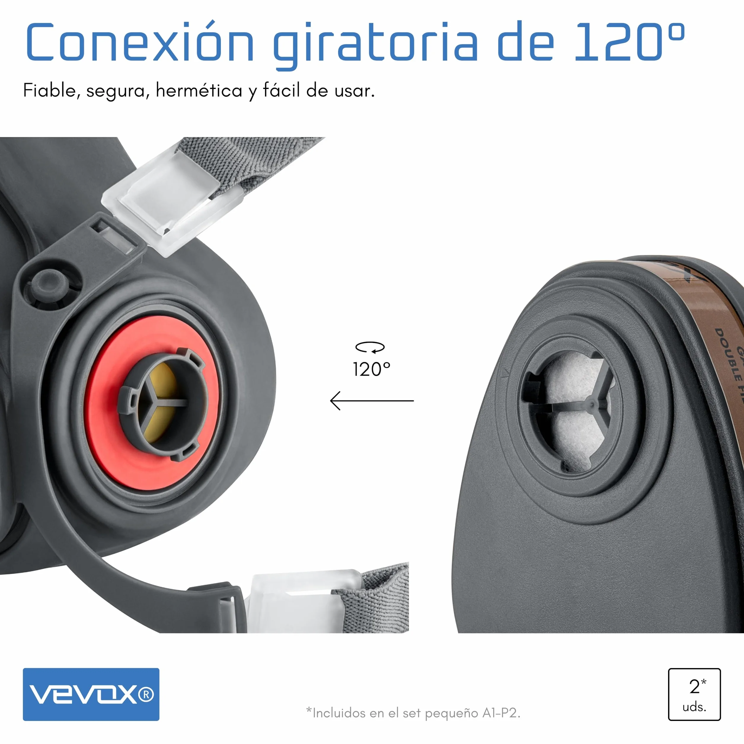 VEVOX® Máscara respiratoria con filtro A1P2 – Protección contra gases, vapores y partículas finas de polvo – Ideale para pintura, lijado y obra – Con 6 filtros P2 antipartículas y 2 A1 antigás