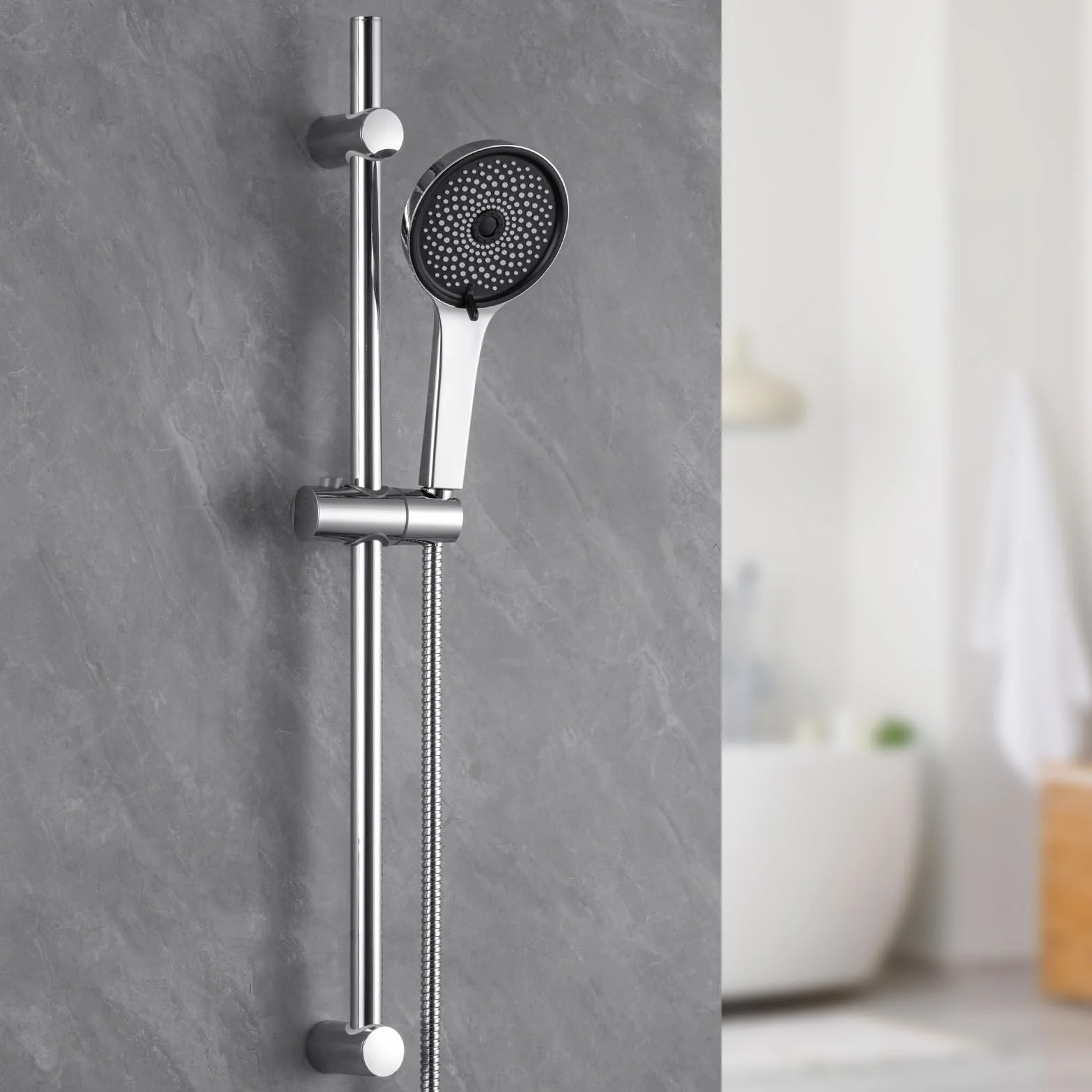 Auralum Barra de Ducha de Acero Inoxidable 70 cm con Alcachofa de Ducha 5 Funciones, Soporte Ajustable y Manguera Inoxidable 150 cm, Compatible con Orificios Existentes, Cromo