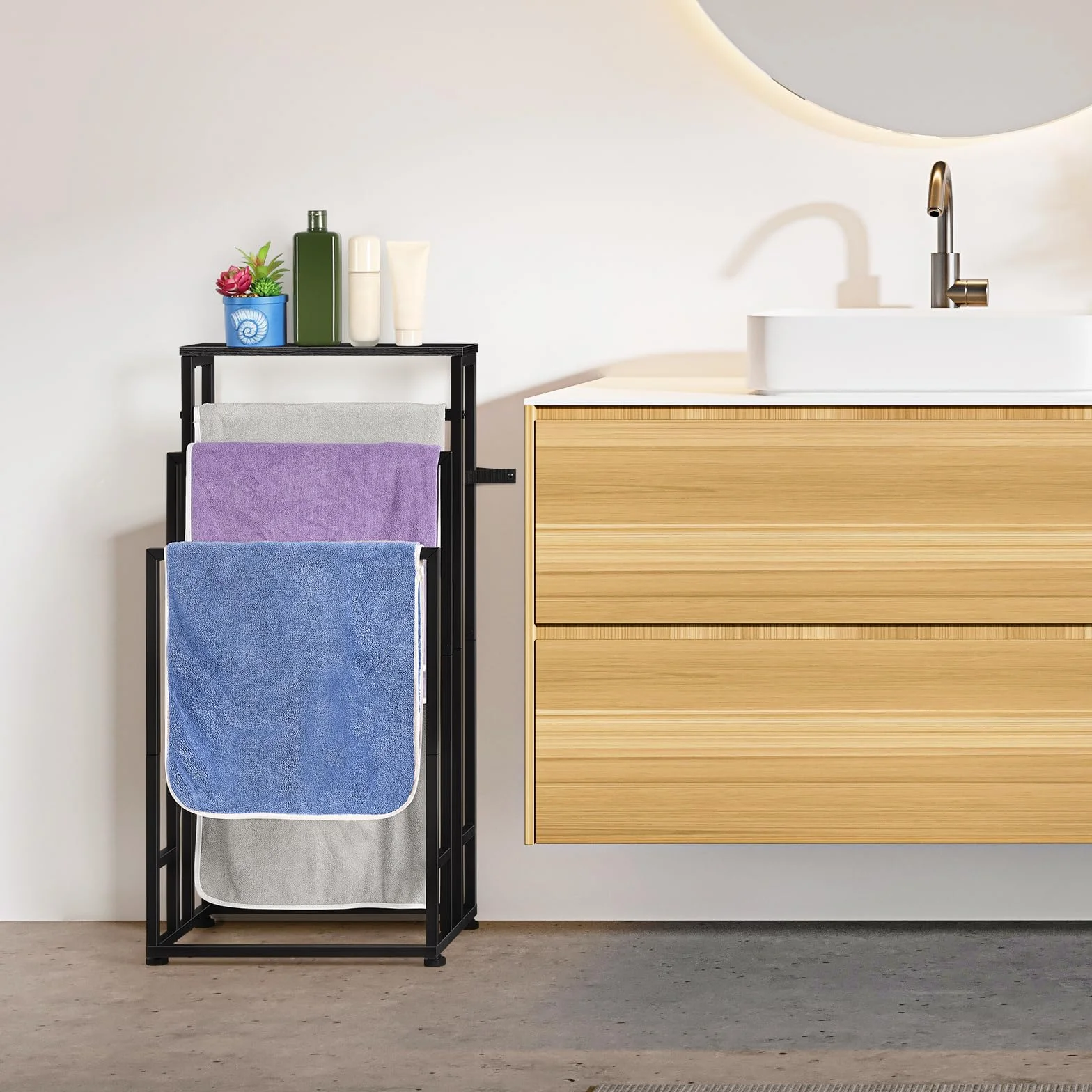 Toallero independiente de madera 3 niveles 40x30x82 cm para baño negro
