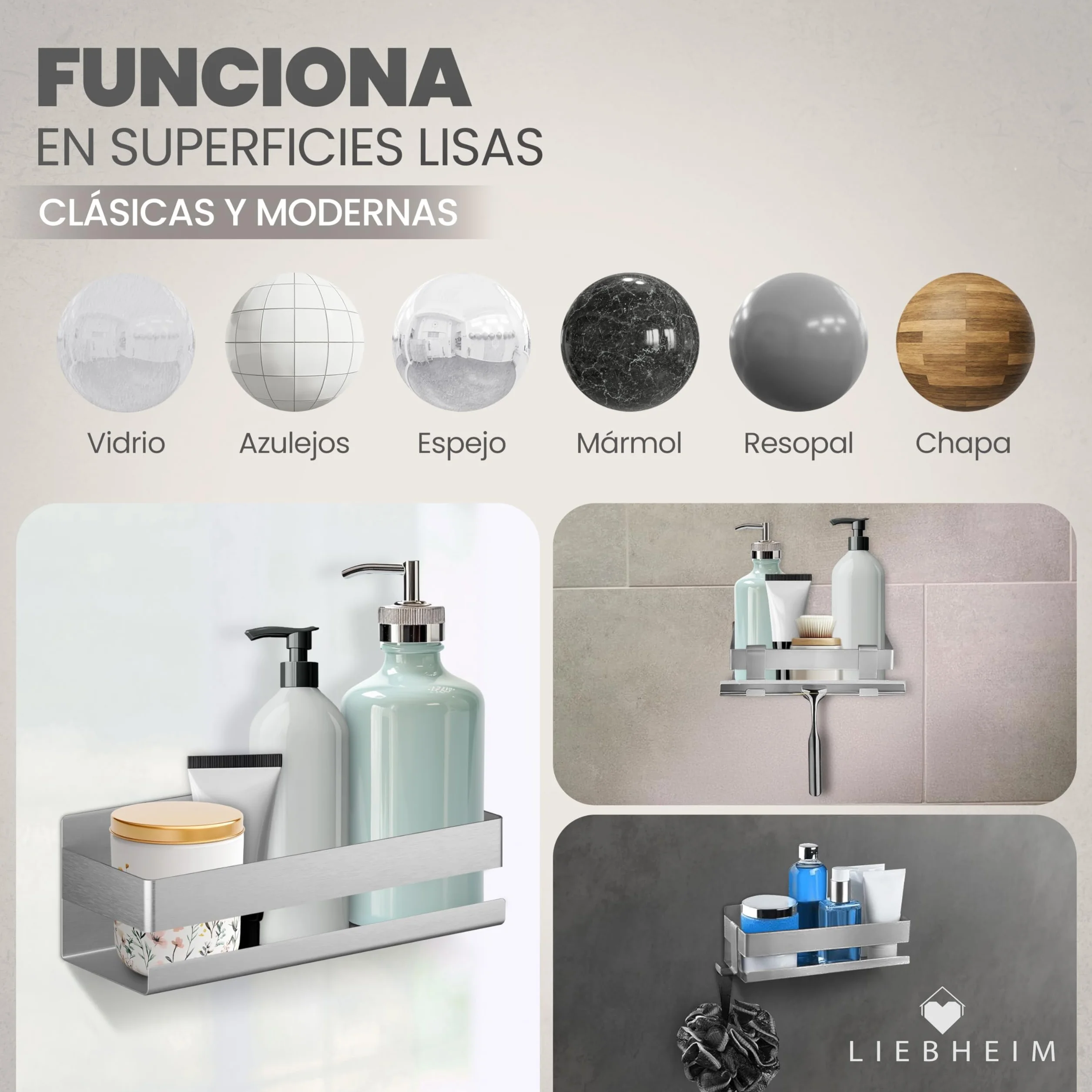 LIEBHEIM Estante de Ducha Cesta de Ducha Estante de baño sin taladrar - fijación Super Fuerte Gracias a la Cinta Adhesiva de Montaje - Acero Inoxidable S304 - Macizo (Acero Inoxidable Cepillado)