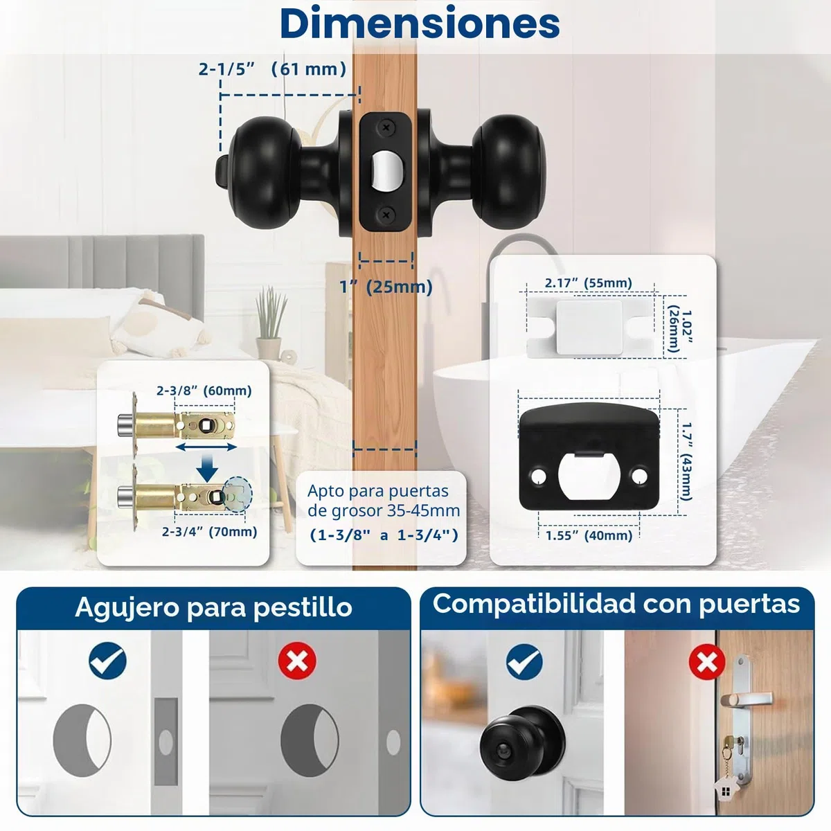 Estmoon Paquete de 5 pomos negros para puerta interior, para dormitorio, baño, privacidad, bola redonda