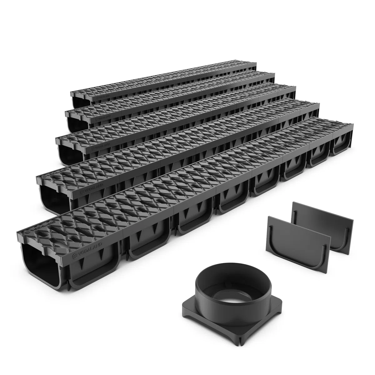 VODALAND EASY 2 - Canaleta de Desagüe de 5 Metros con Rejilla de Plástico Negro | Sistema de Drenaje para Jardines, Aguas Pluviales y Terrazas | Resistente, Fácil de Instalar| Kit Completo Drenaje