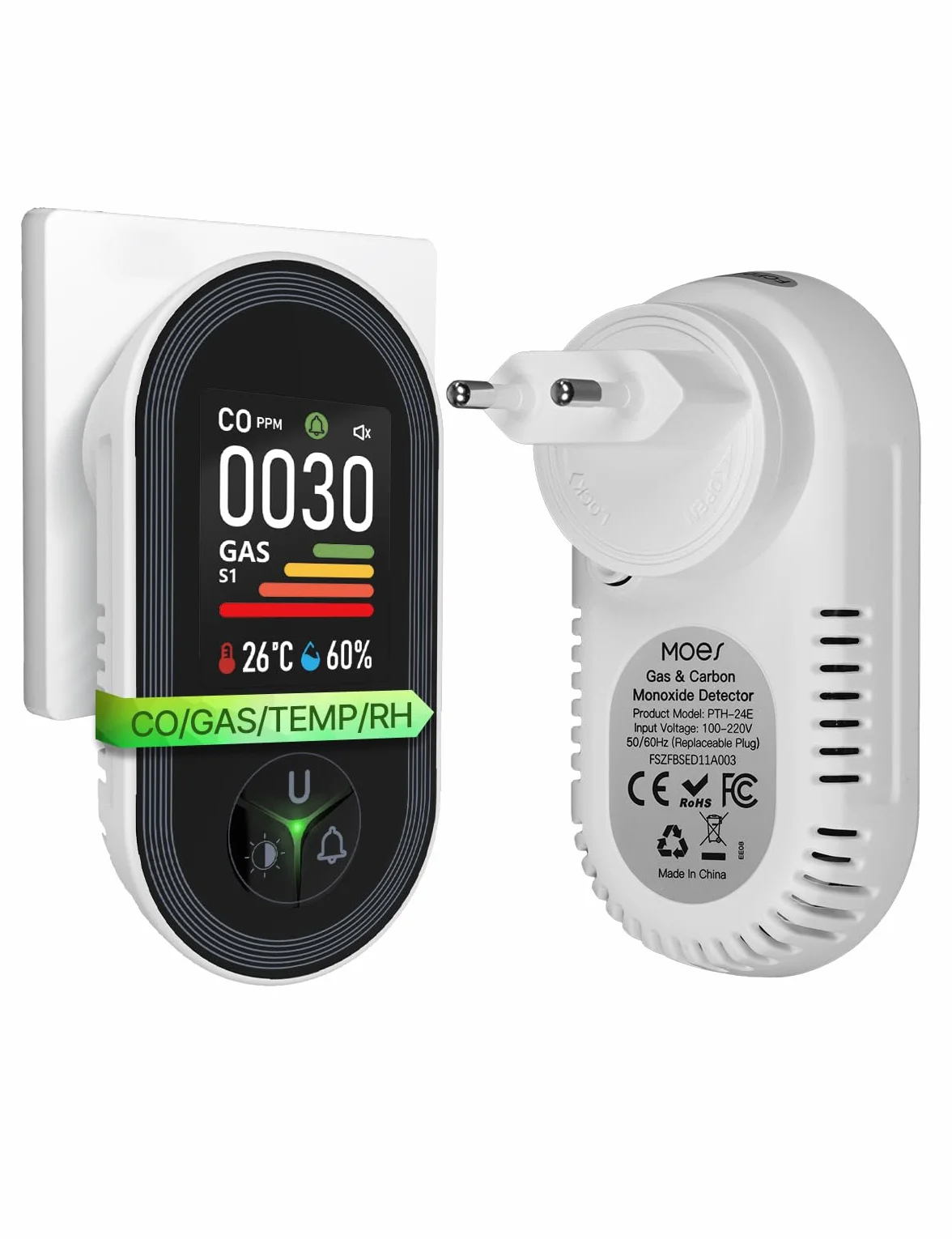 Detector de Monóxido de Carbono y Gases con Enchufe - Detector de CO 4 en 1 con Sensor de Temperatura & Humedad - Alarma Sonora para GLP, Propano, Metano, Etano y CO - para Casa y Autocaravana