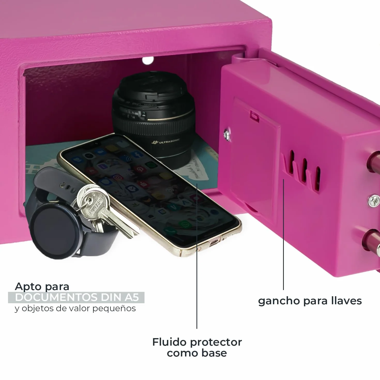HMF Caja Fuerte Pequeña para Muebles con Cerradura de Combinación 23 x 17 x 17 cm Rosa