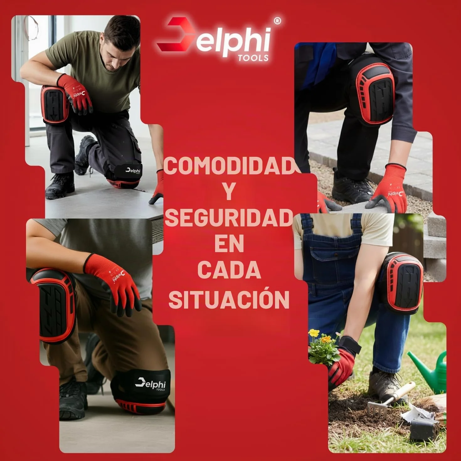 Delphi rodilleras trabajo antideslizantes con doble cierre y guantes de trabajo – Rodilleras cómodas, fáciles de limpiar, talla universal para colocadores de azulejos