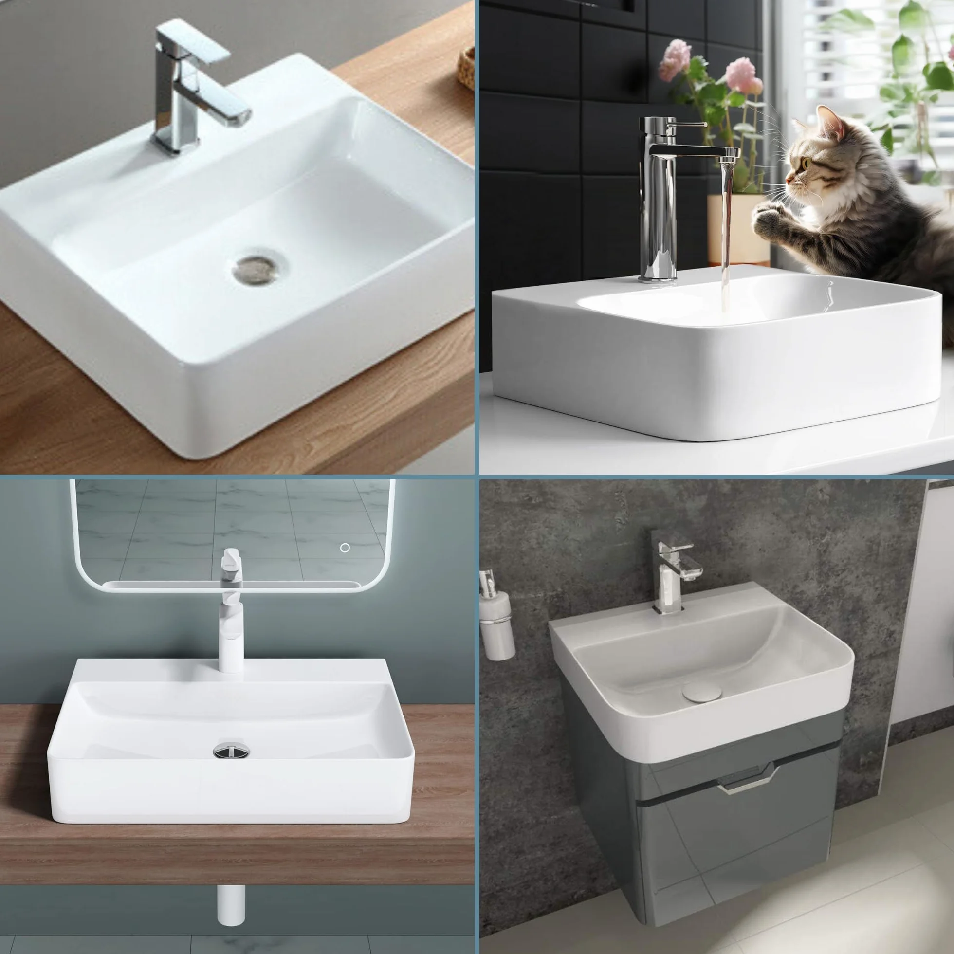 Lavabo de Cerámica, Lavamanos Blanco de Aseo Anti-manchas, Lavabo sobre encimera para Baño, Fácil de Limpiar y con Conexiones Estándar. Ideal para Cocina o Baño. (36,5x25,5x10,5 CM)