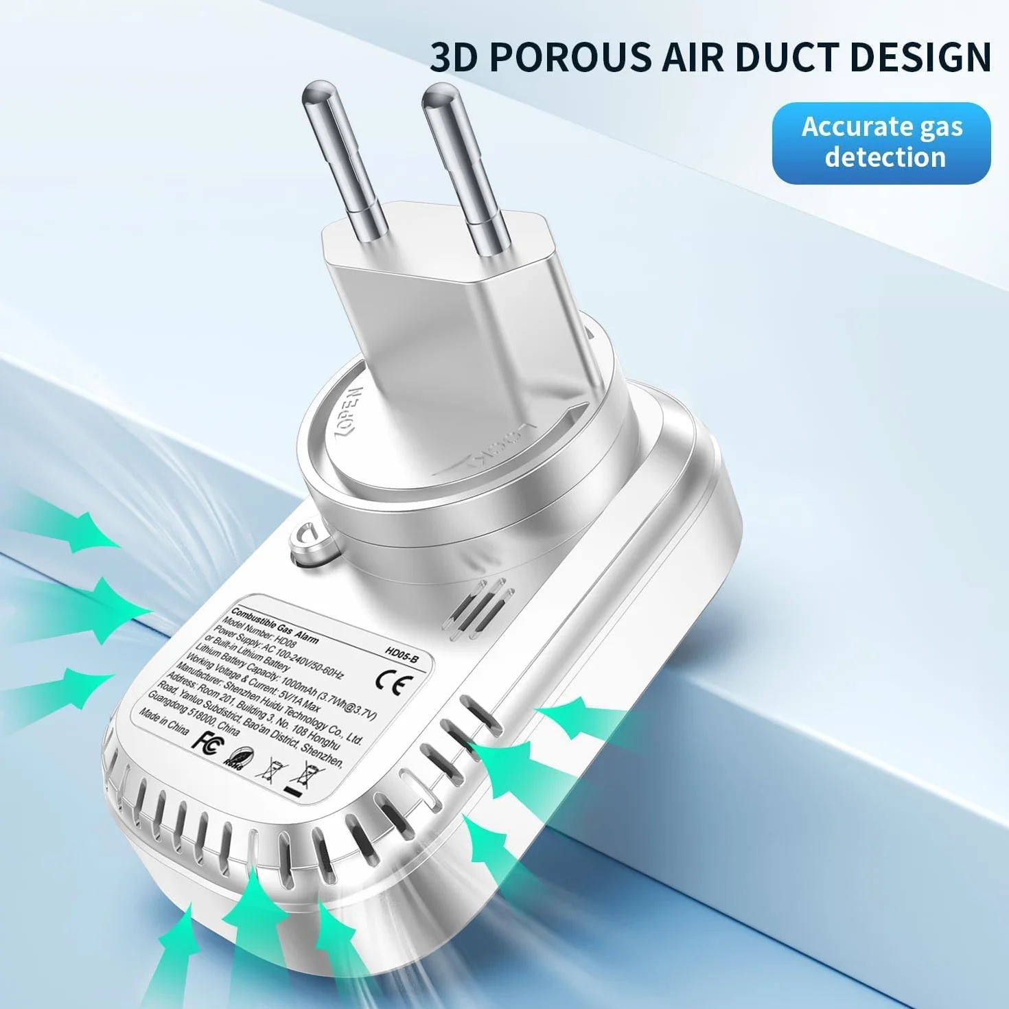 Detector de Gas Combustible con Enchufe para Hogar, Alarma de Gas para Casa, Detector de Fuga de Gas para Gas Natural GLP Metano Propano Butano, con Batería Recargable, Blanco, HD05-B
