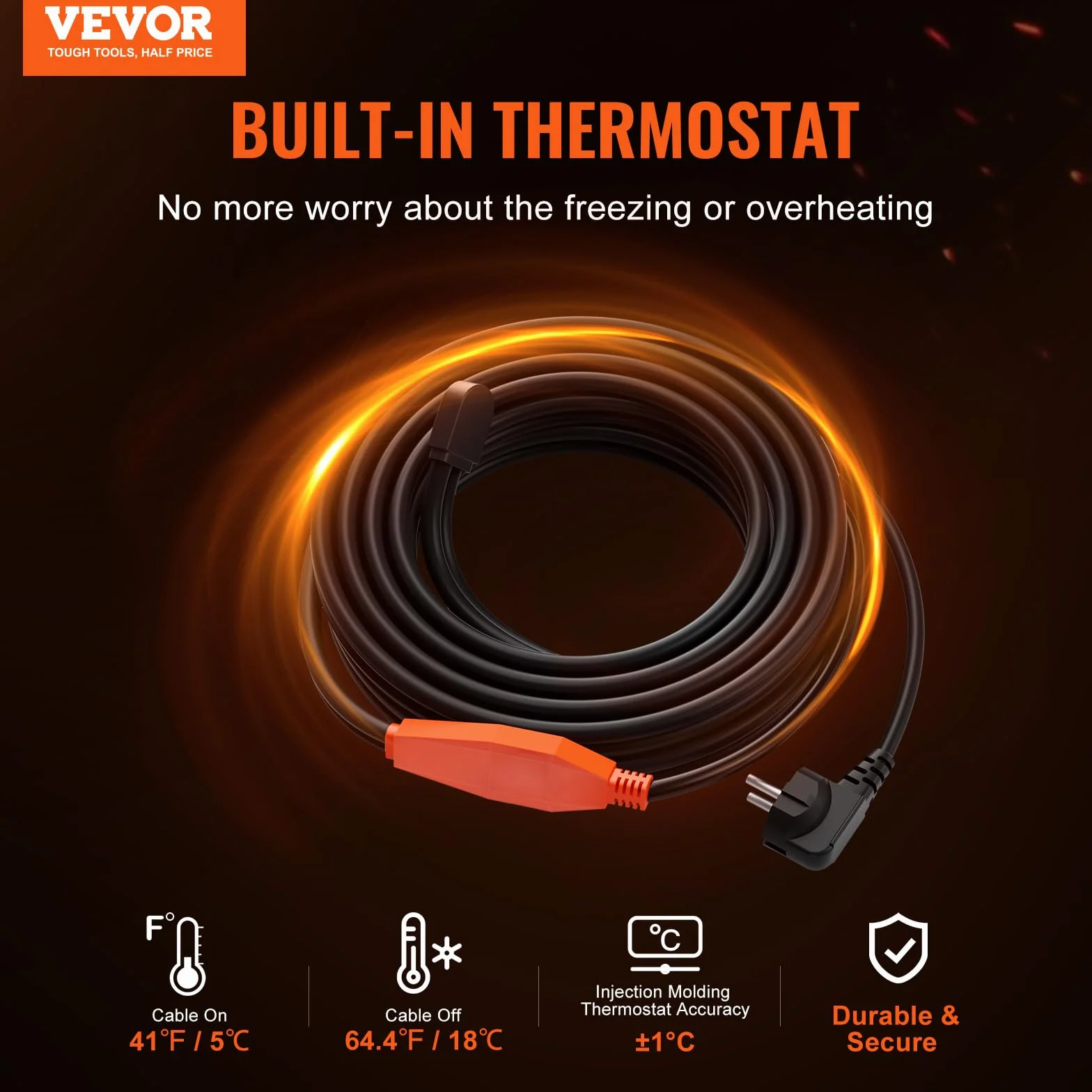 VEVOR Cable Calefactor Anticongelante para Tuberías de 9 m con Termostato Incorporado 23W/m