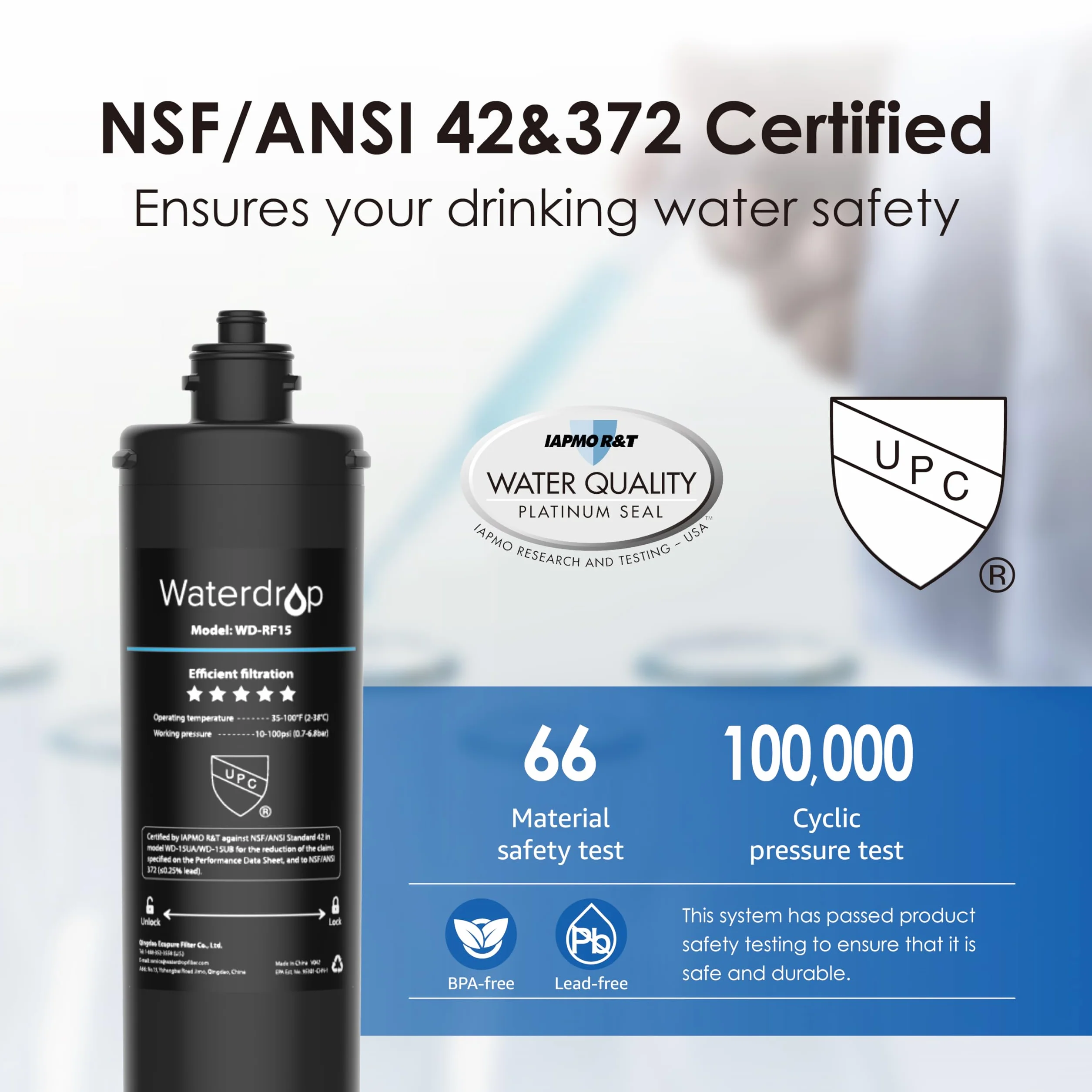 Waterdrop RF15 Cartucho filtrante de repuesto para filtro de agua 15UA/15UB, reduce PFOA/PFOS PFAS plomo cloro, NSF/ANSI 42, 70000 litros