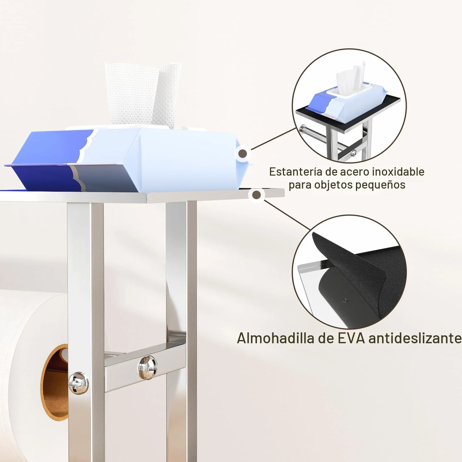 Soporte de Papel Higiénico de Acero Inoxidable de Pie con Escobilla y Bandeja
