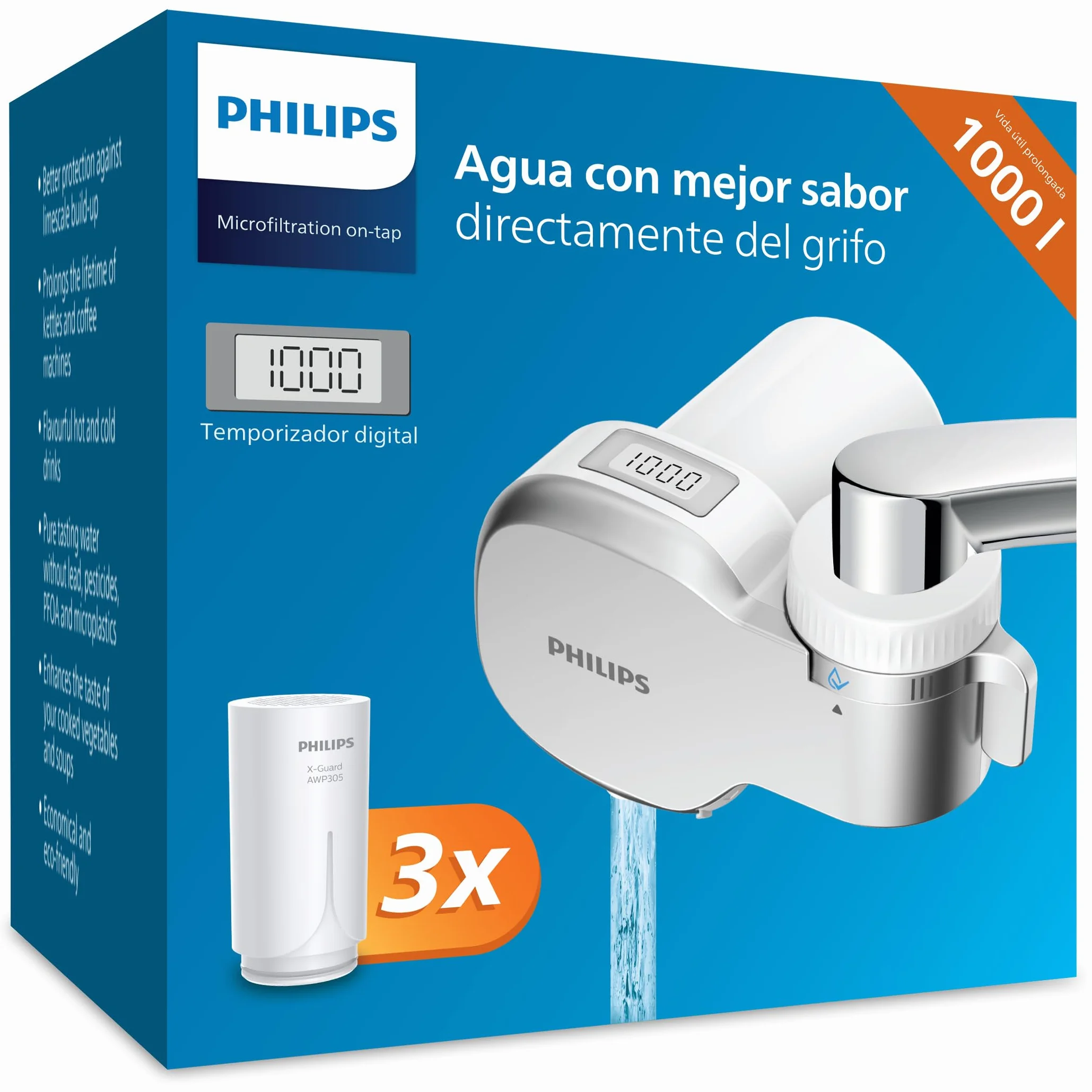 Philips Filtro de agua Ontap MICROFILTRACIÓN PANTALLA DIGITAL 3 cartuchos repuesto capacidad filtración 1000 L
