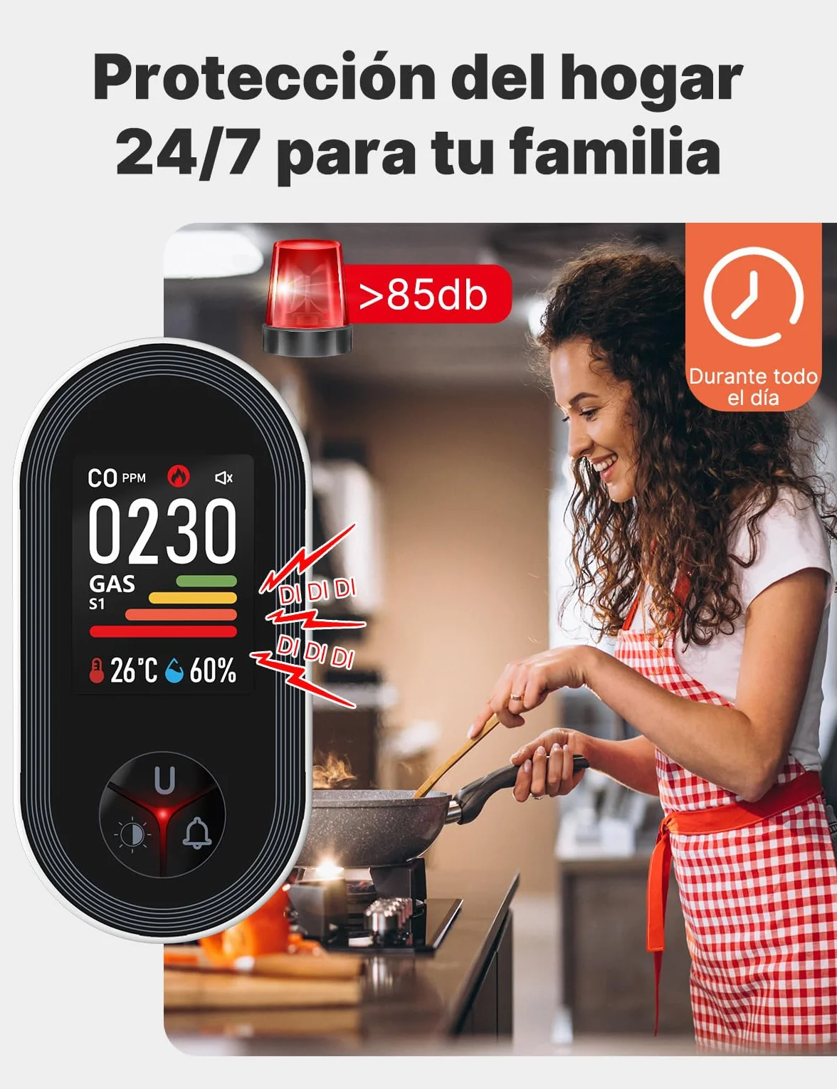 Detector de Monóxido de Carbono y Gases con Enchufe - Detector de CO 4 en 1 con Sensor de Temperatura & Humedad - Alarma Sonora para GLP, Propano, Metano, Etano y CO - para Casa y Autocaravana