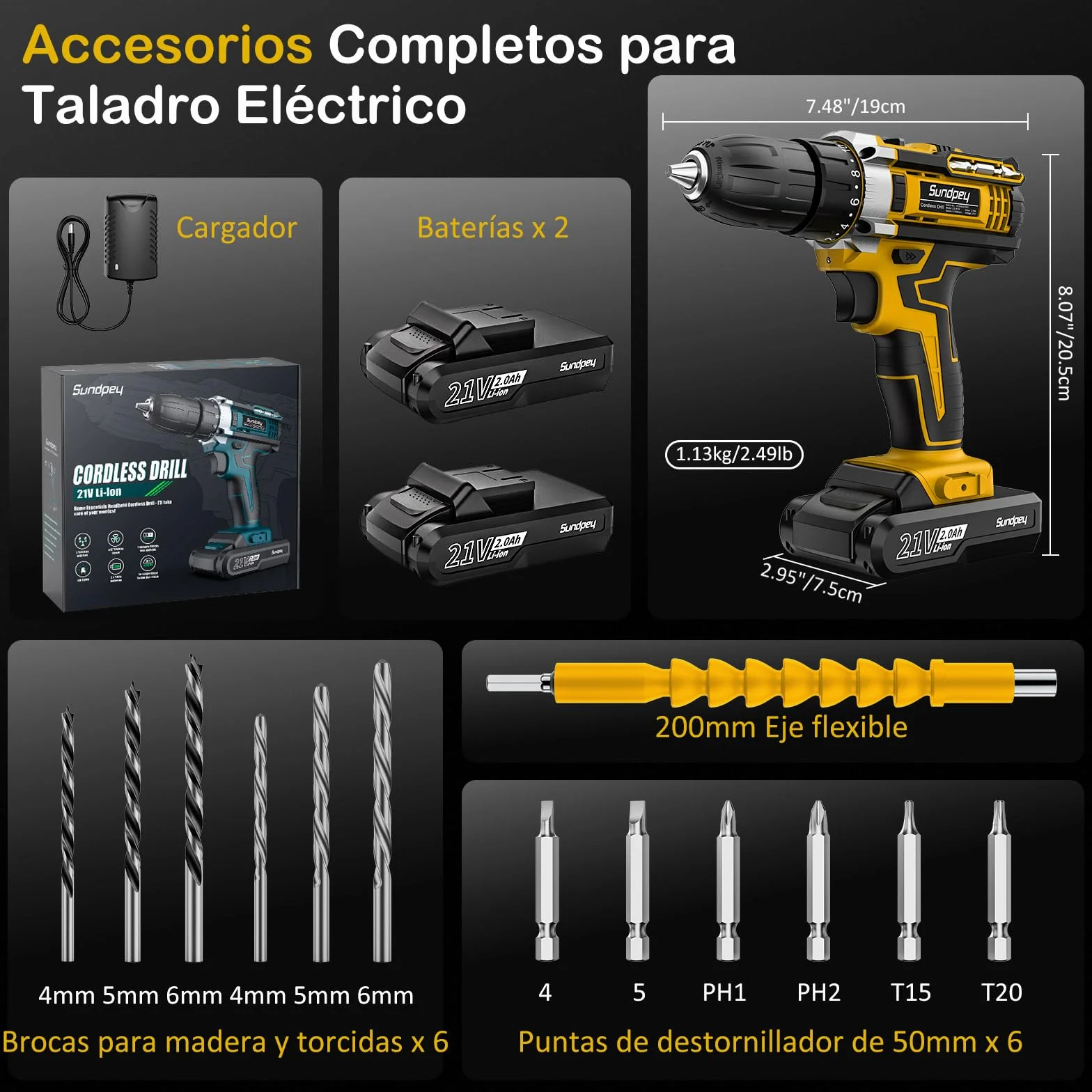Sundpey Taladro Atornillador Bateria 21V - 45N.m Max Taladro Atornillador Electrico Inalámbrico con 2 Baterías de 2.0Ah, 18+1 Ajuste de Par, 2 Velocidad, Portabrocas de 10mm, LED para Hogar, Bricolaje