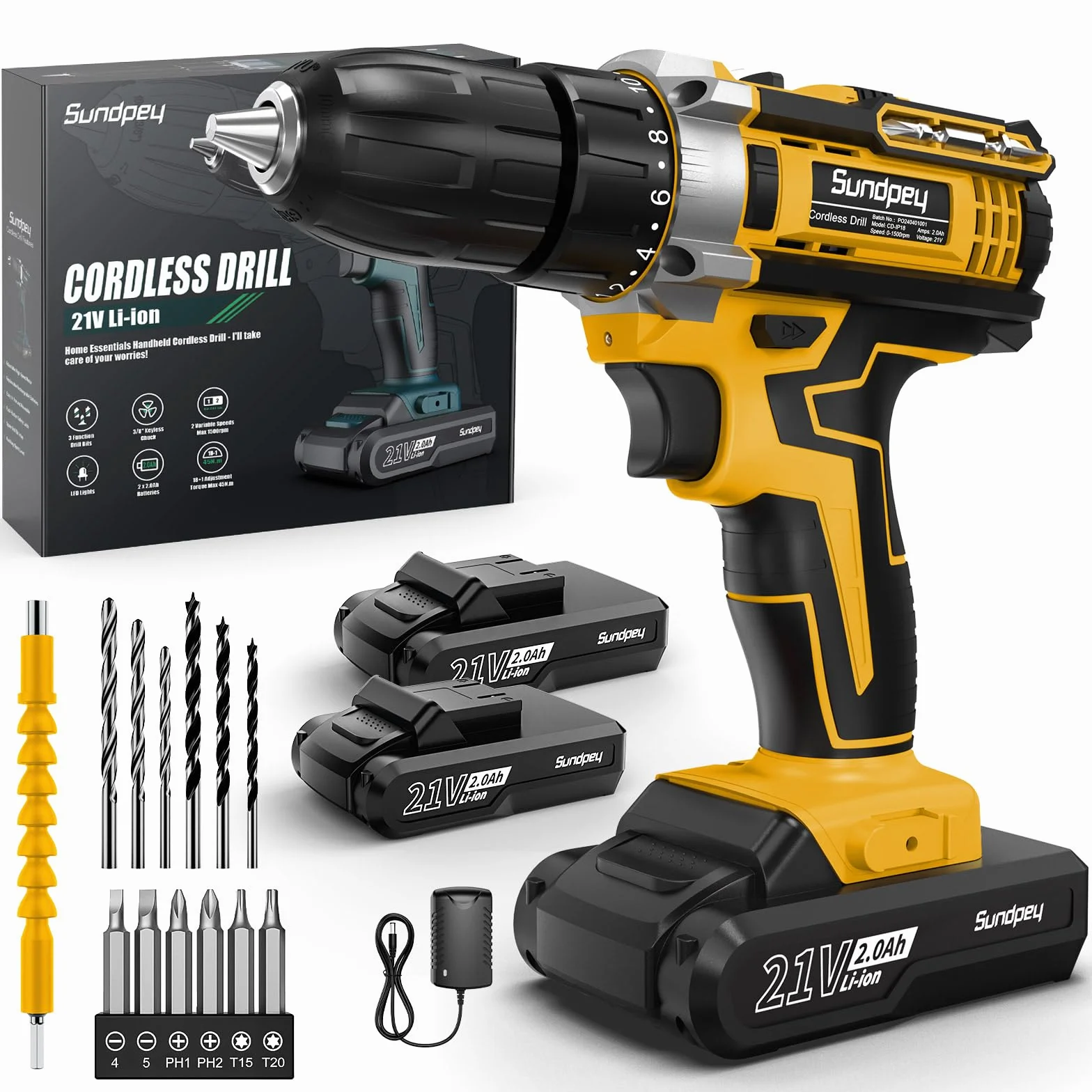 Sundpey Taladro Atornillador Bateria 21V - 45N.m Max Taladro Atornillador Electrico Inalámbrico con 2 Baterías de 2.0Ah, 18+1 Ajuste de Par, 2 Velocidad, Portabrocas de 10mm, LED para Hogar, Bricolaje