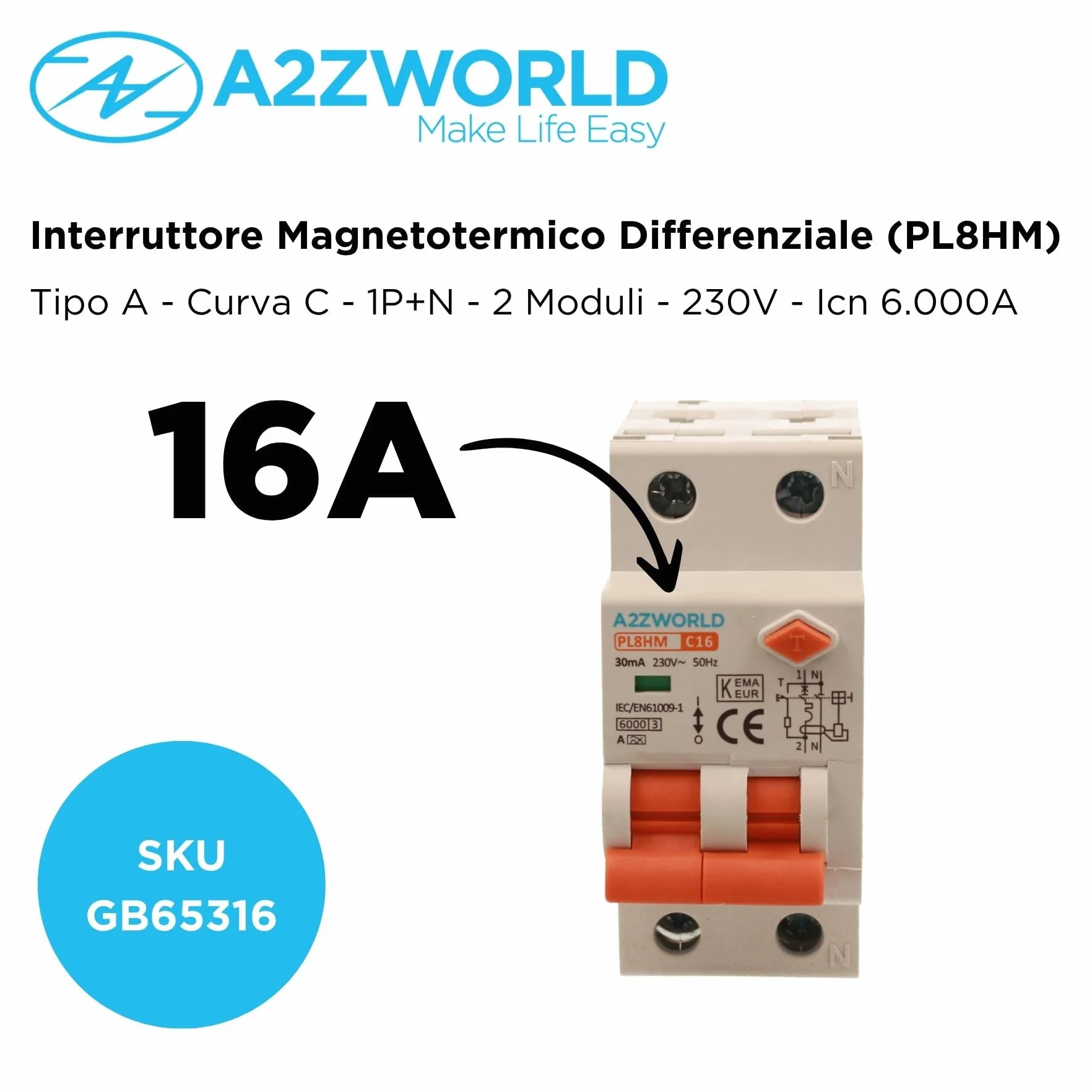 Interruptor magnetotérmico diferencial tipo A, 1P+N Curva C 6KA 30mA 220V, Ocupa 2 módulos DIN, RCBO Tipo A C16 16A