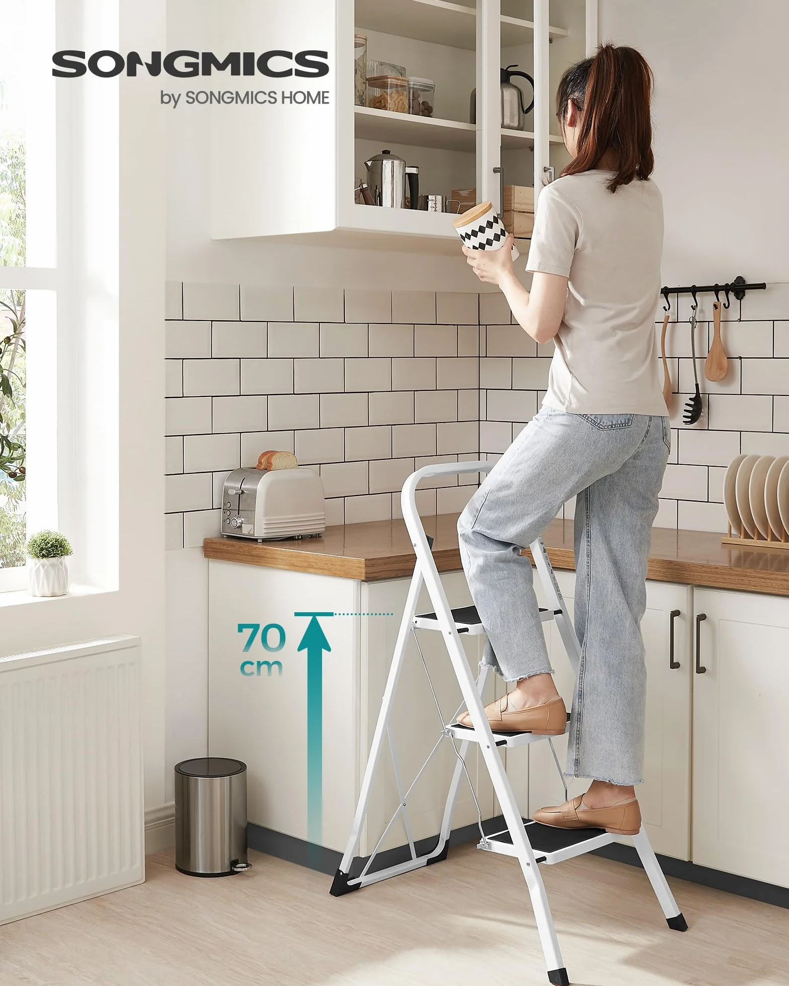 SONGMICS Escalera de Tijera 3 Peldaños Plegable 150 kg Blanco GSL03WT