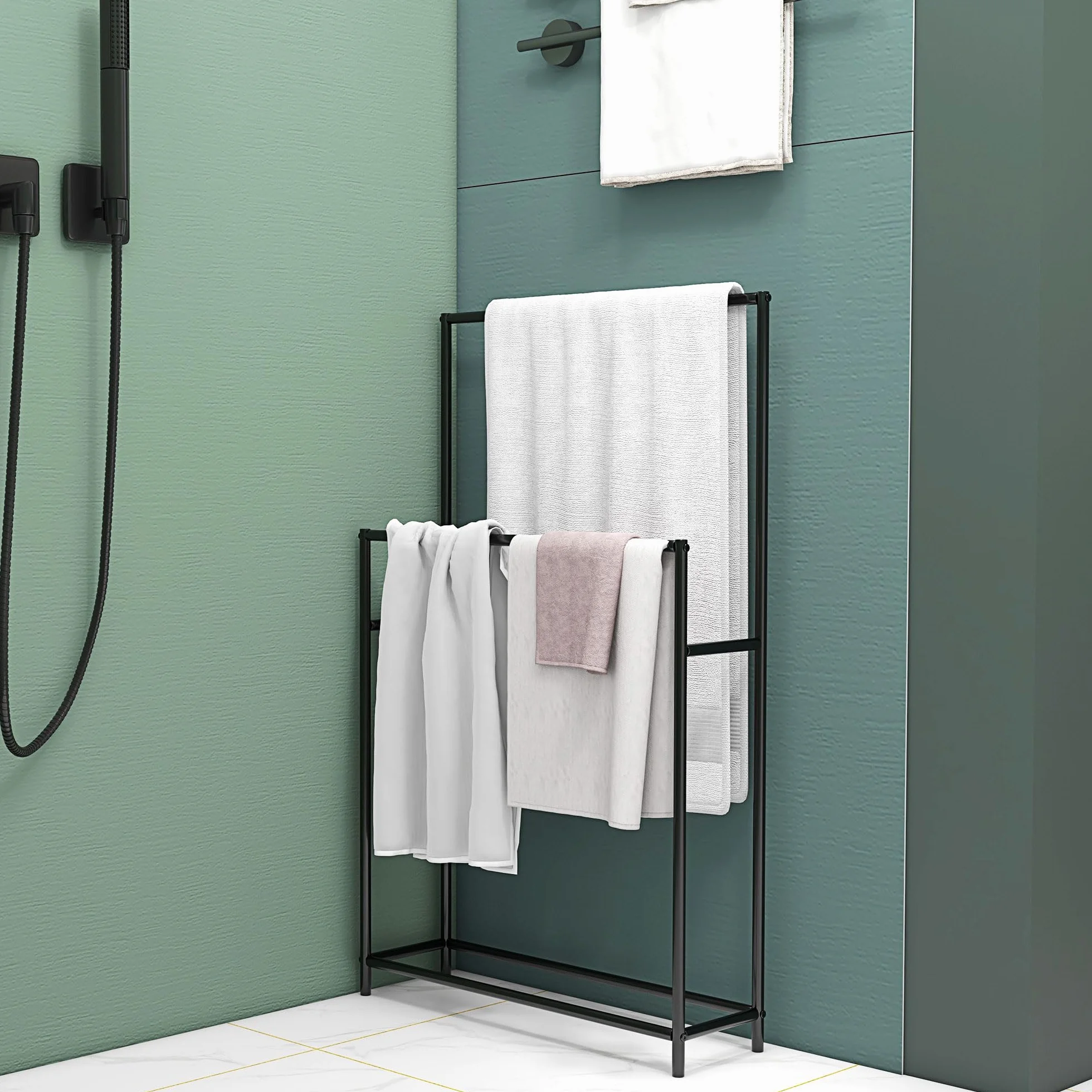 HOMCOM Toallero de Pie 2 Niveles Toallero Escalera Baño 66x20x110 cm Negro