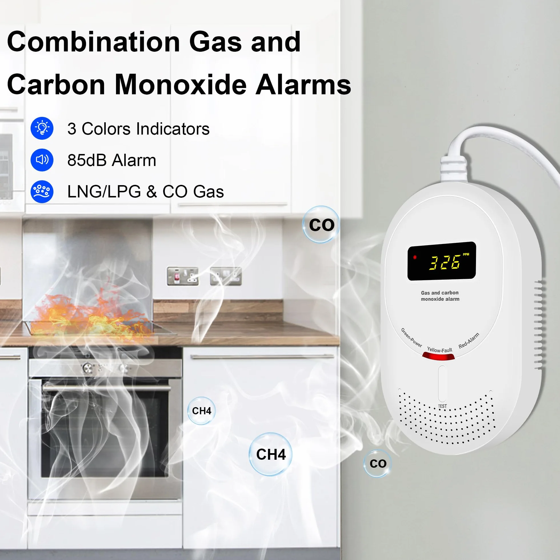 2-en-1 Detector de Gas y Monóxido de Carbono con Pantalla LCD, Certificado EN 50291 y EN 50194, Detector de Gas Combustible (Metano/Gas Natural y GLP) y CO, Pack de 1