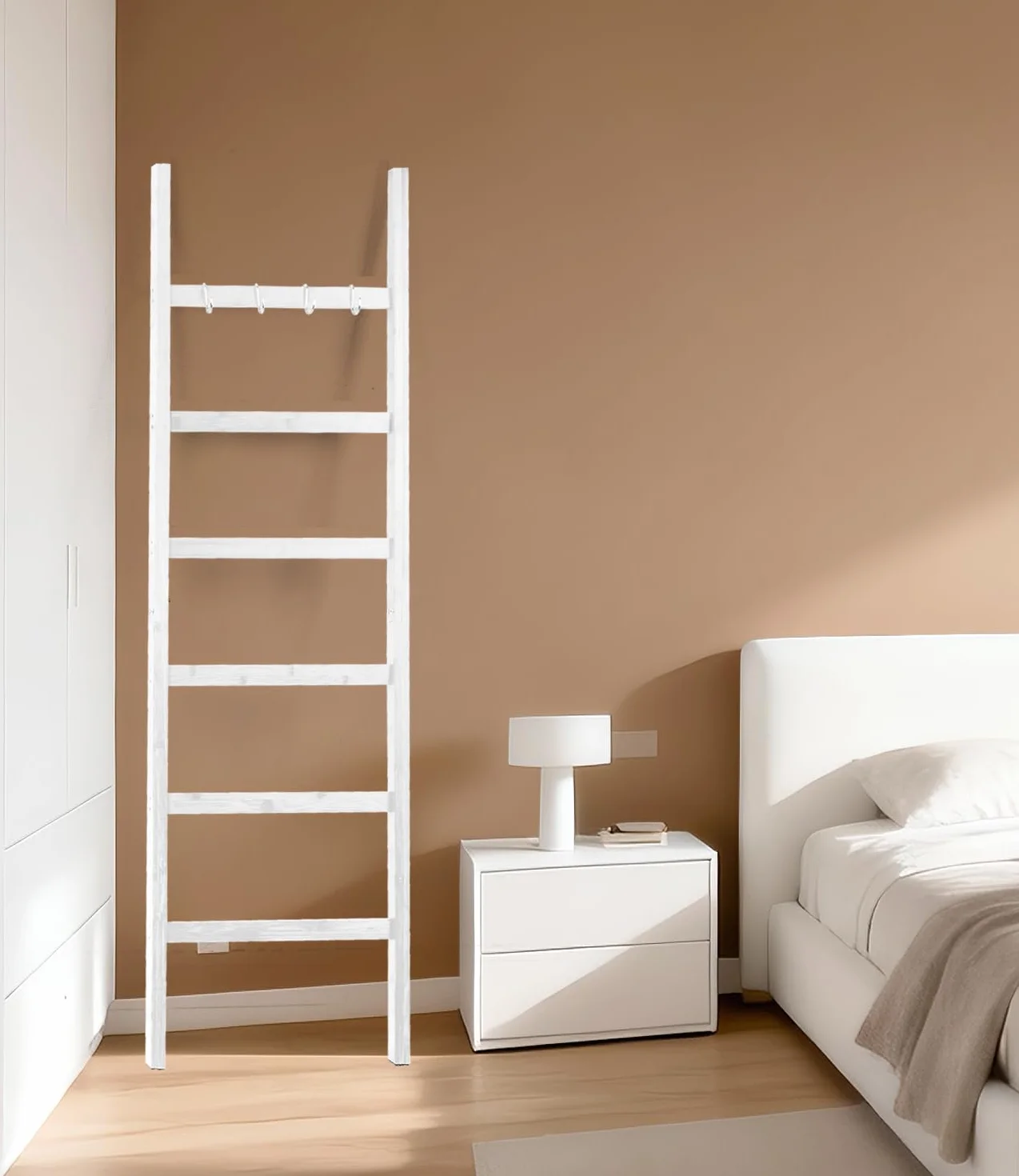 Toallero de escalera de bambú 170x43 cm Blanco 6 travesaños 4 ganchos