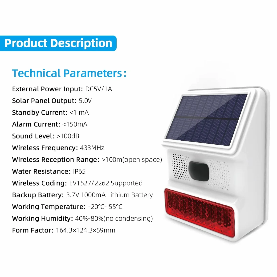 Sirena de Alarma, Sirena Solar para Exteriores con luz Intermitente LED de Sonido de 110db Compatible con Sistema de Alarma para el hogar, Granja, Granero, Villa, Patio, jardín (PE-520)