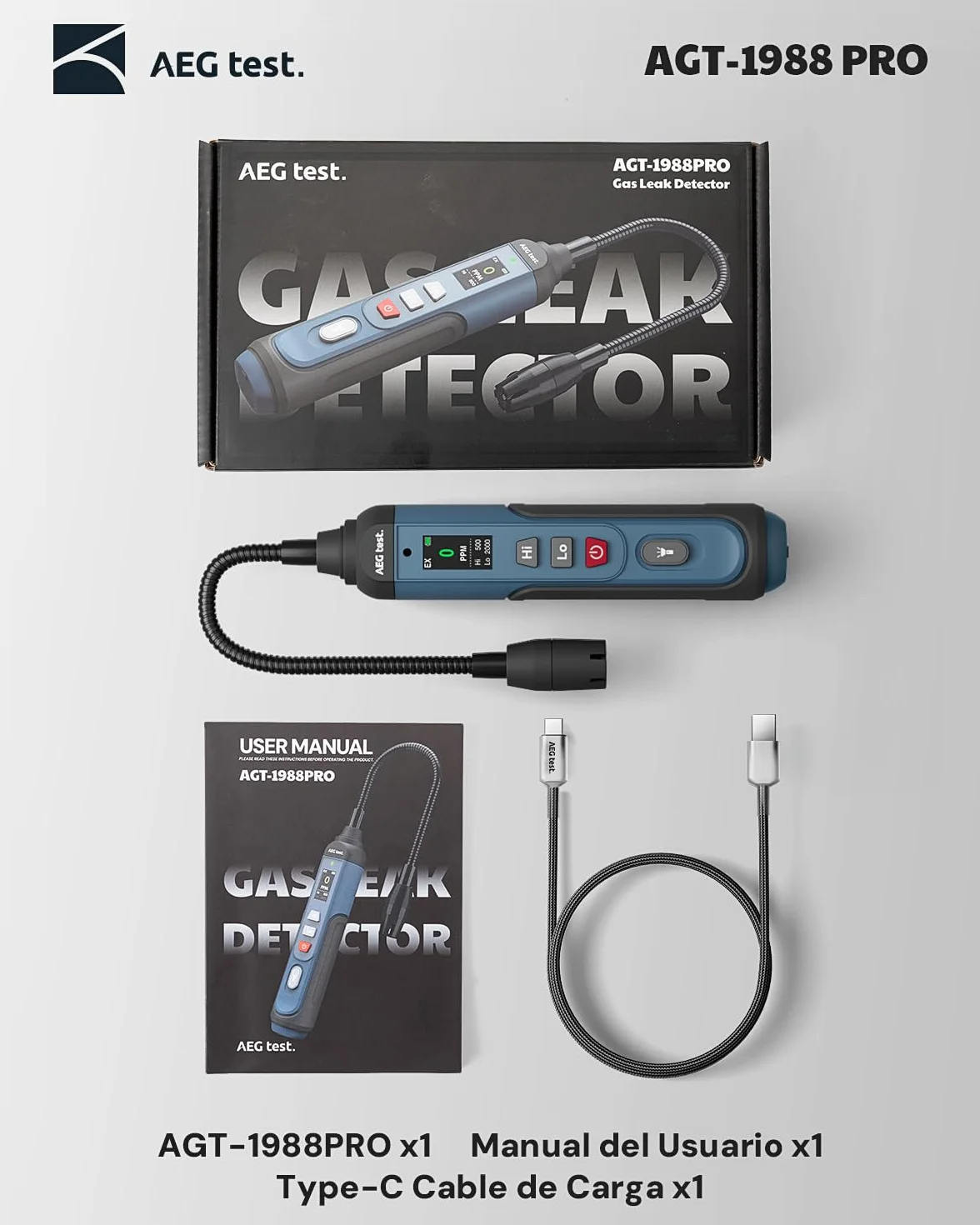 AGT-1988PRO Detector de Gas Natural Recargable, Detector de Gas con Cuello Flexible de 17,5 cm, Pantalla TFT y Rango de 0–9999 PPM para Fugas de propano y metano, para Uso en el hogar y RV