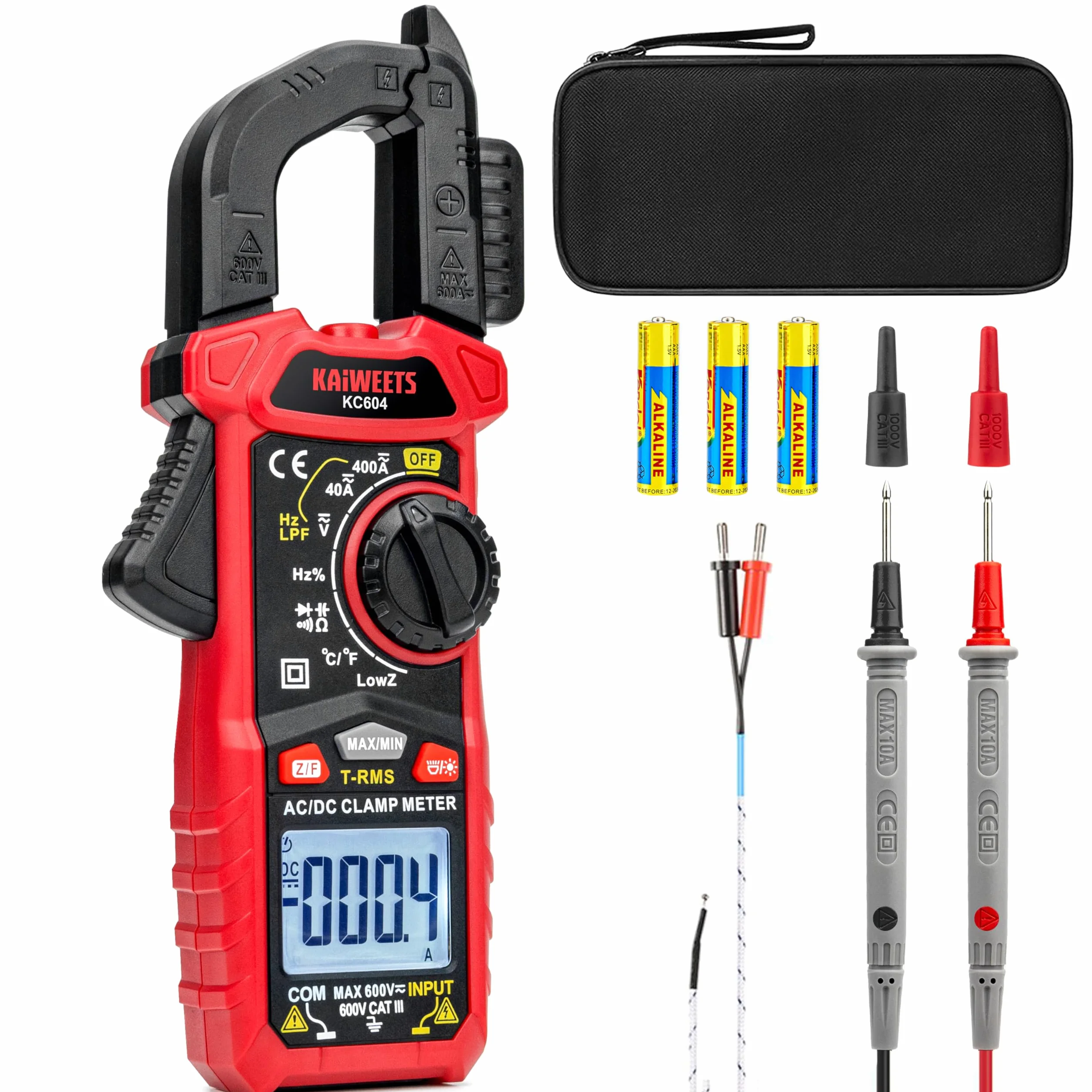 KAIWEETS Pinza Amperimétrica CA/CC, Pinza Multímetro para Medir Voltaje &Corriente CA/CC, Temperatura, Continuidad, NCV, Diode, con Linterna, Luz de Fondo, Mandíbula en Forma de D, KC604