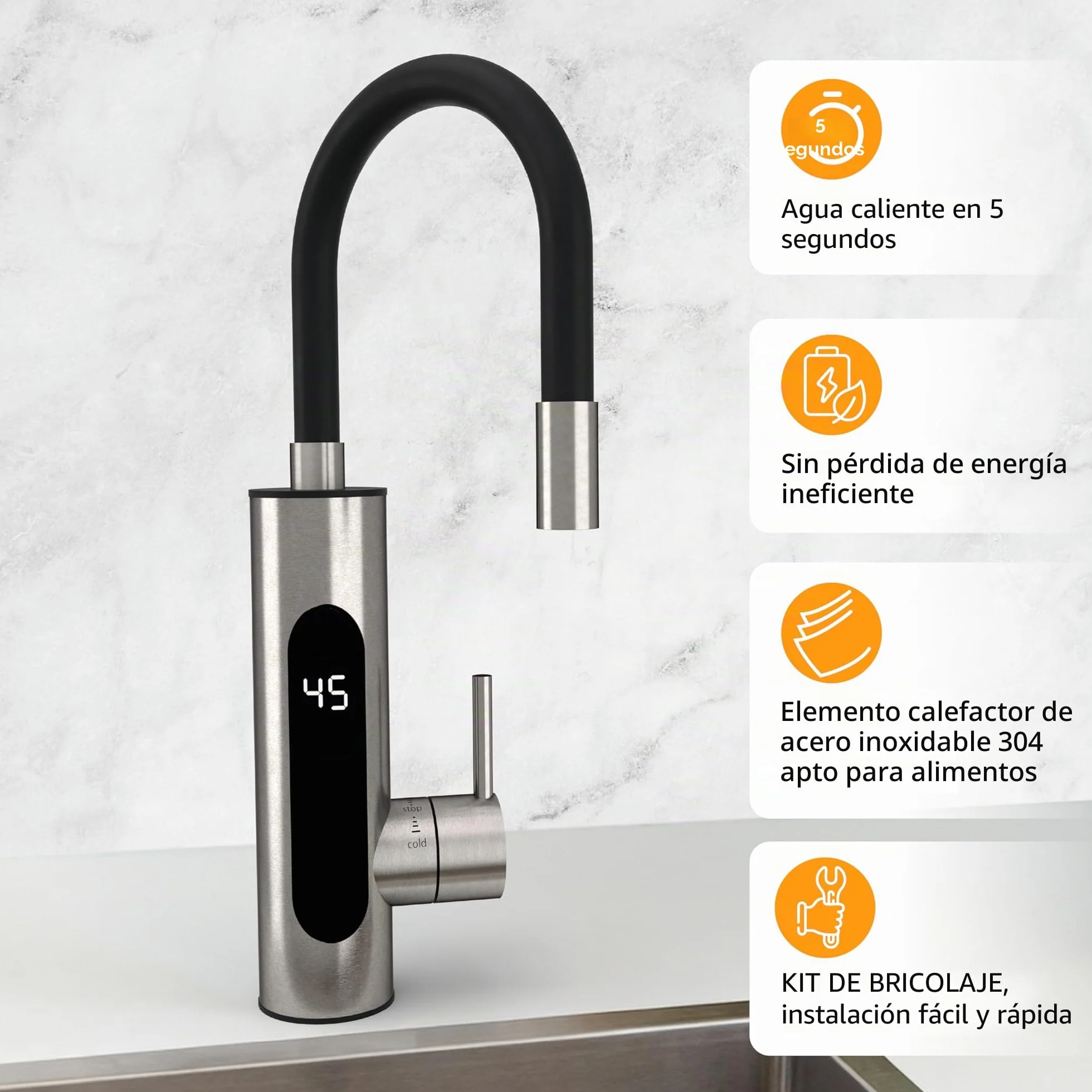 HOGART Grifo eléctrico con calentador de agua instantáneo 230 V para cocina jardín baño caravana camping