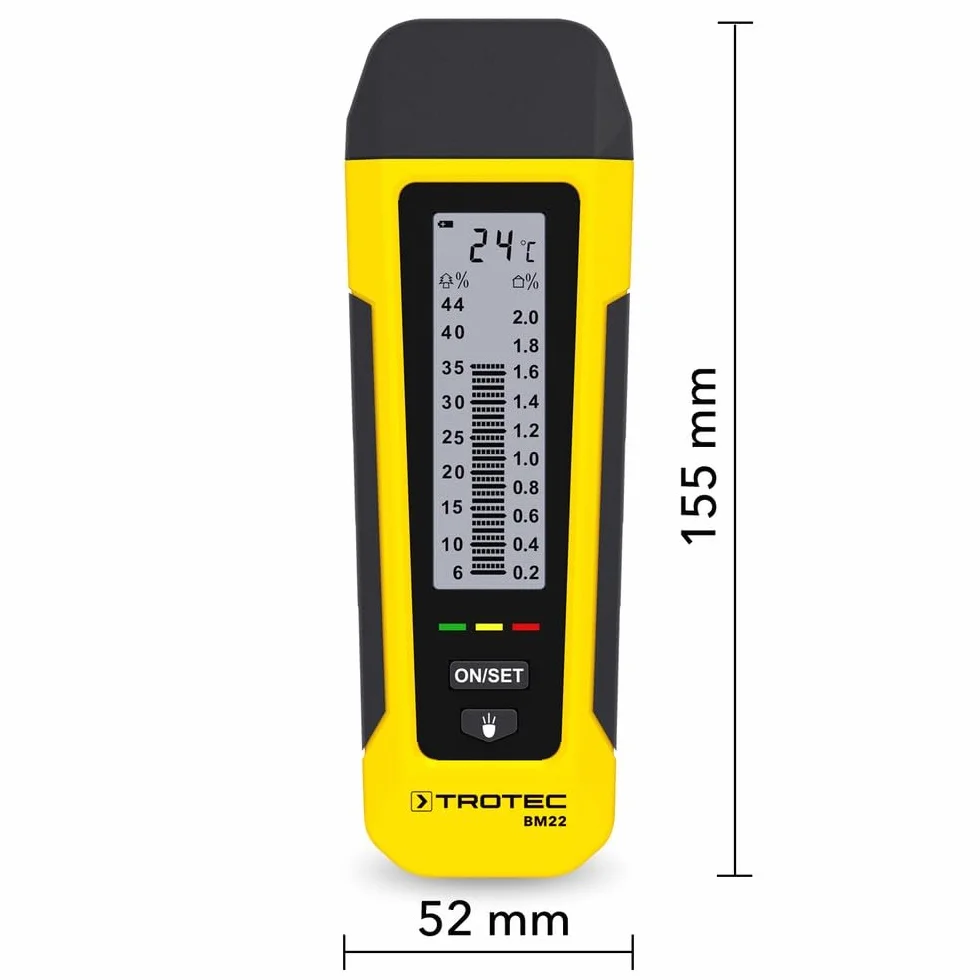 TROTEC Medidor de Humedad de la Madera, Temperatura y Materiales BM22, Linterna LED, Portátil, Indicador de Humedad LED, Portátil, Clip para Bolsillo