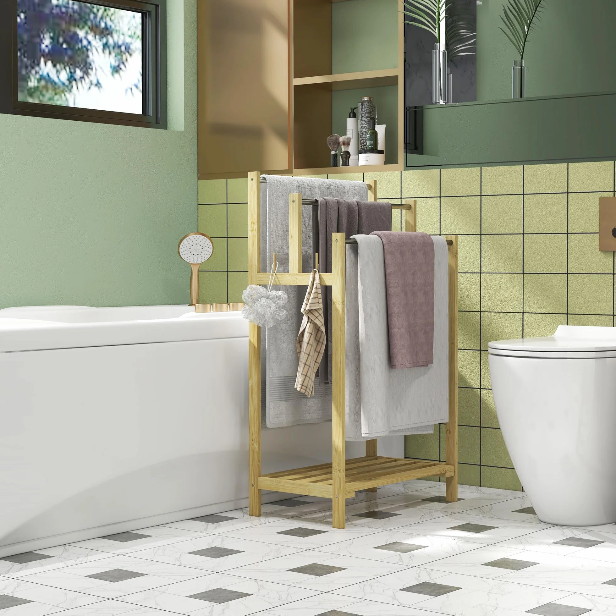 HOMCOM Toallero de Pie de Bambú, Escalera Baño 3 Barras Acero Inoxidable, 50.5x31x90 cm