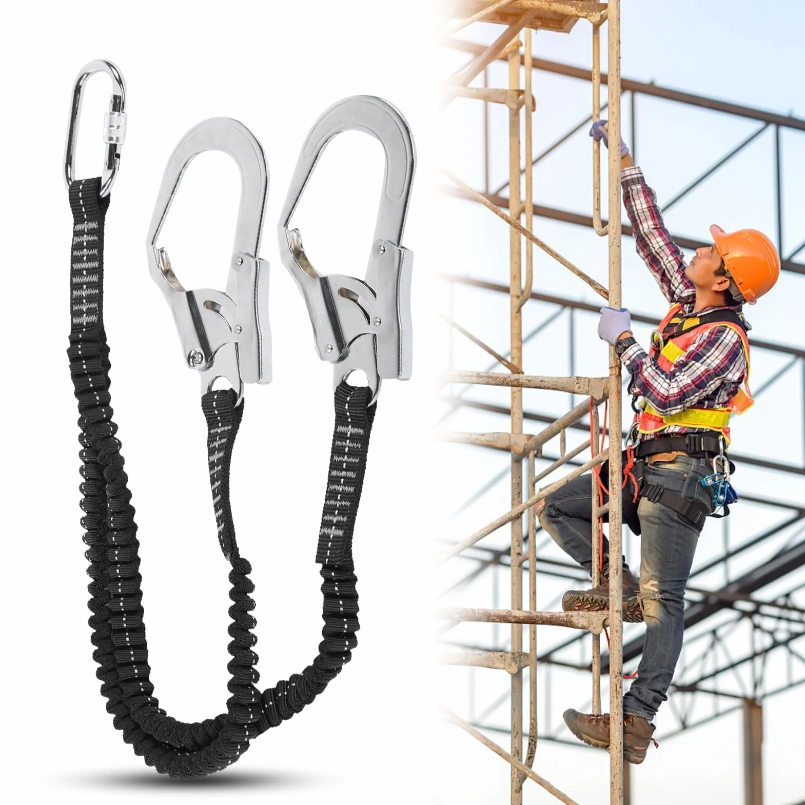 Cinturón Seguridad 25KN Cadena Gancho Grande Acero Doble Cordón Anticaída Absorción Impactos