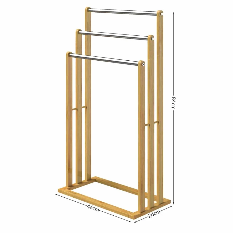 CASARIA Toallero de Pie Madera de Bambú 3 Barras Acero Inoxidable 84x46x24cm
