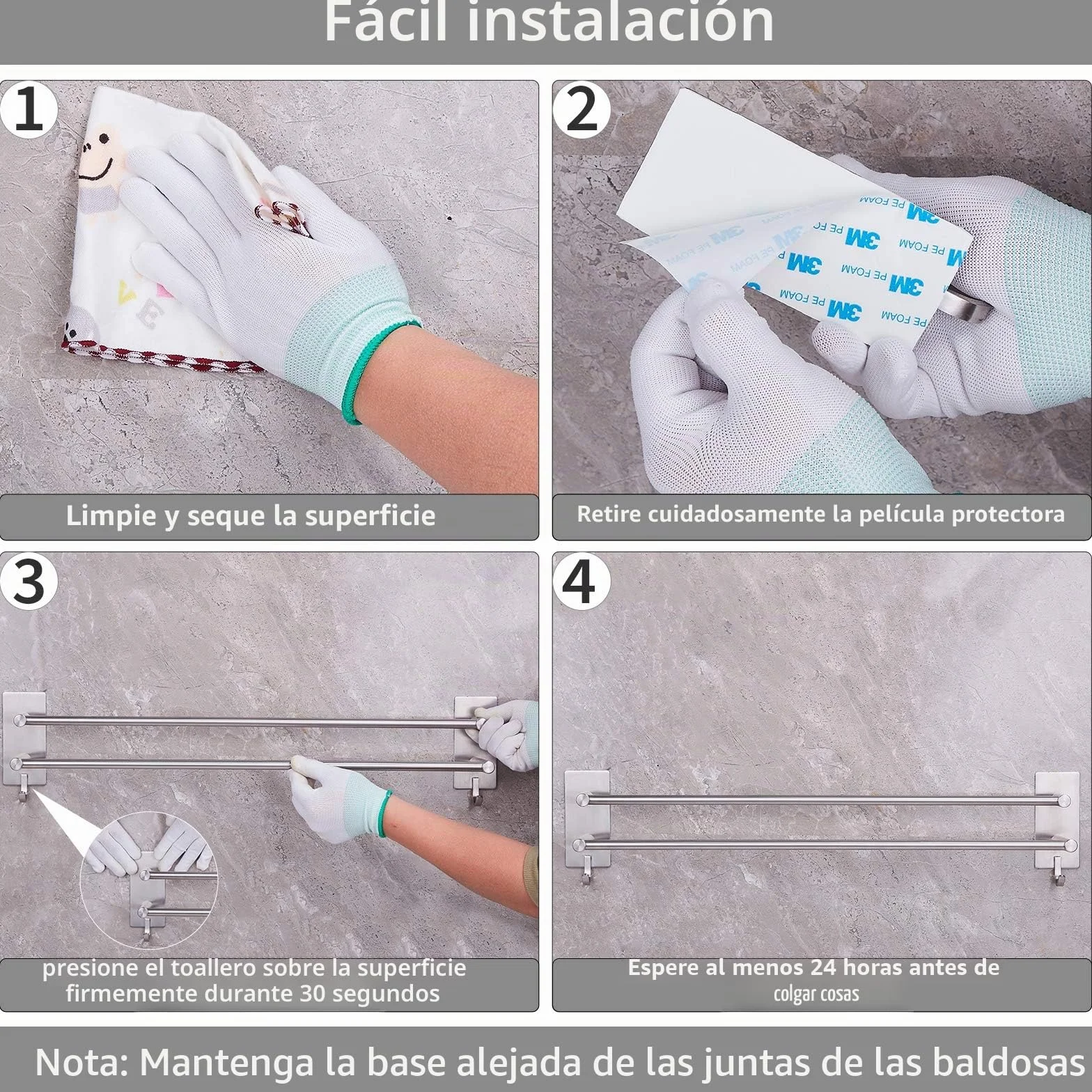 Toallero Sin Taladro Autoadhesivo Acero Inoxidable Cepillado 60 cm Doble Barra 2 Ganchos JS
