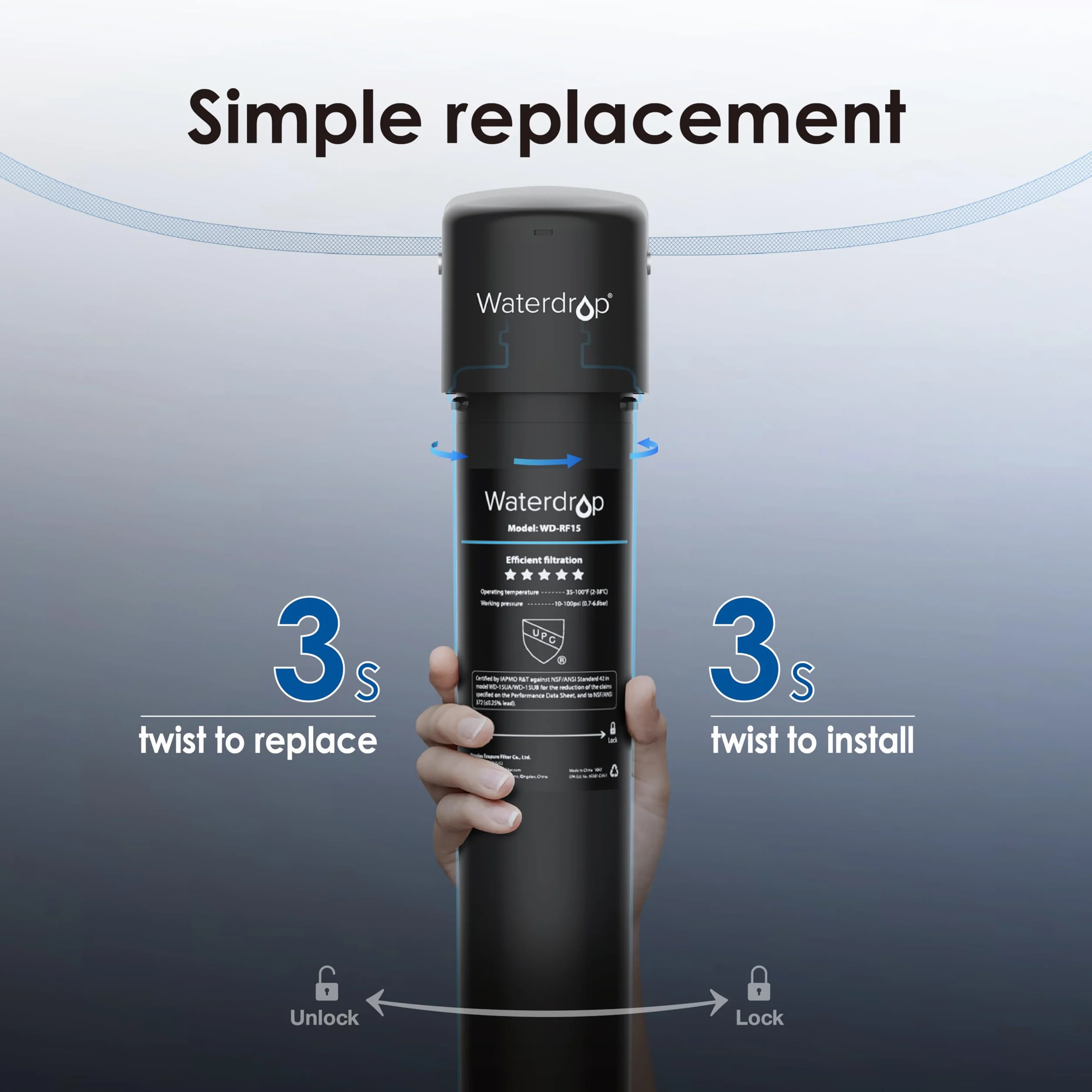 Waterdrop RF15 Cartucho filtrante de repuesto para filtro de agua 15UA/15UB, reduce PFOA/PFOS PFAS plomo cloro, NSF/ANSI 42, 70000 litros