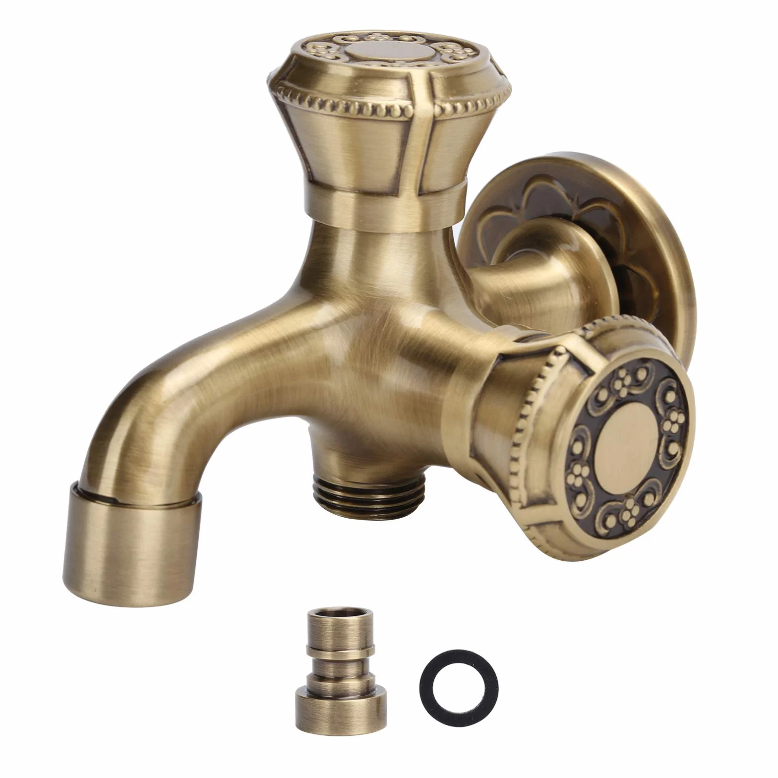 Grifo de Pared, Grifo Vintage de Latón con Dos Salidas G1/2 para Baño Cocina Jardín, Diseño Tallado Decorativo, Montaje en Pared, Resistente para Exteriores, Conexión para Lavadora y Ducha (1)