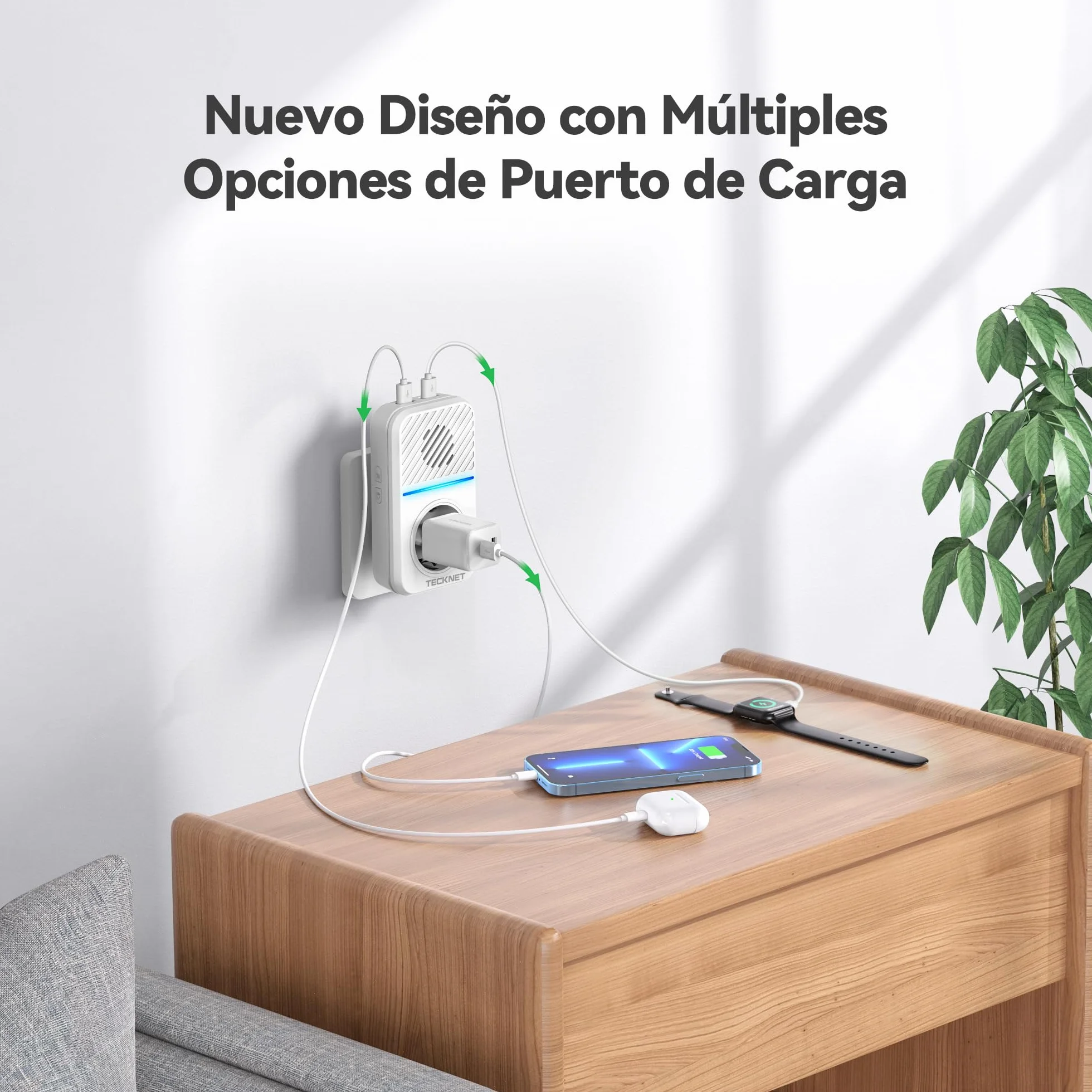 TECKNET Timbre Inalámbrico Kit, 400M Timbre Inalámbrico Autoalimentado con 2 Receptores, IP65 Kit de Timbre con Tomas USB Externas y Luz LED, 60 Melodías, 5 Niveles de Volumen