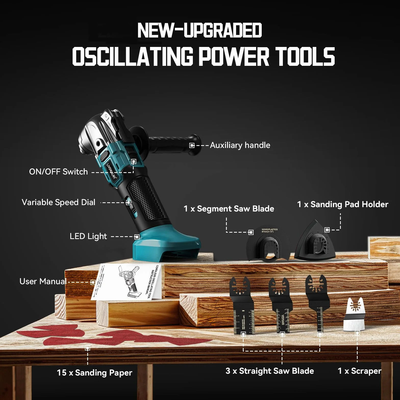 LIVOWALNY Multiherramienta Oscilante Compatible con Makita 18V, 6 Velocidades, Motor Sin Escobillas, Empuñadura Auxiliar, para Quitar, Raspar y Cortar, con 23 Accesorios, (Solo Herramientas)-Azul
