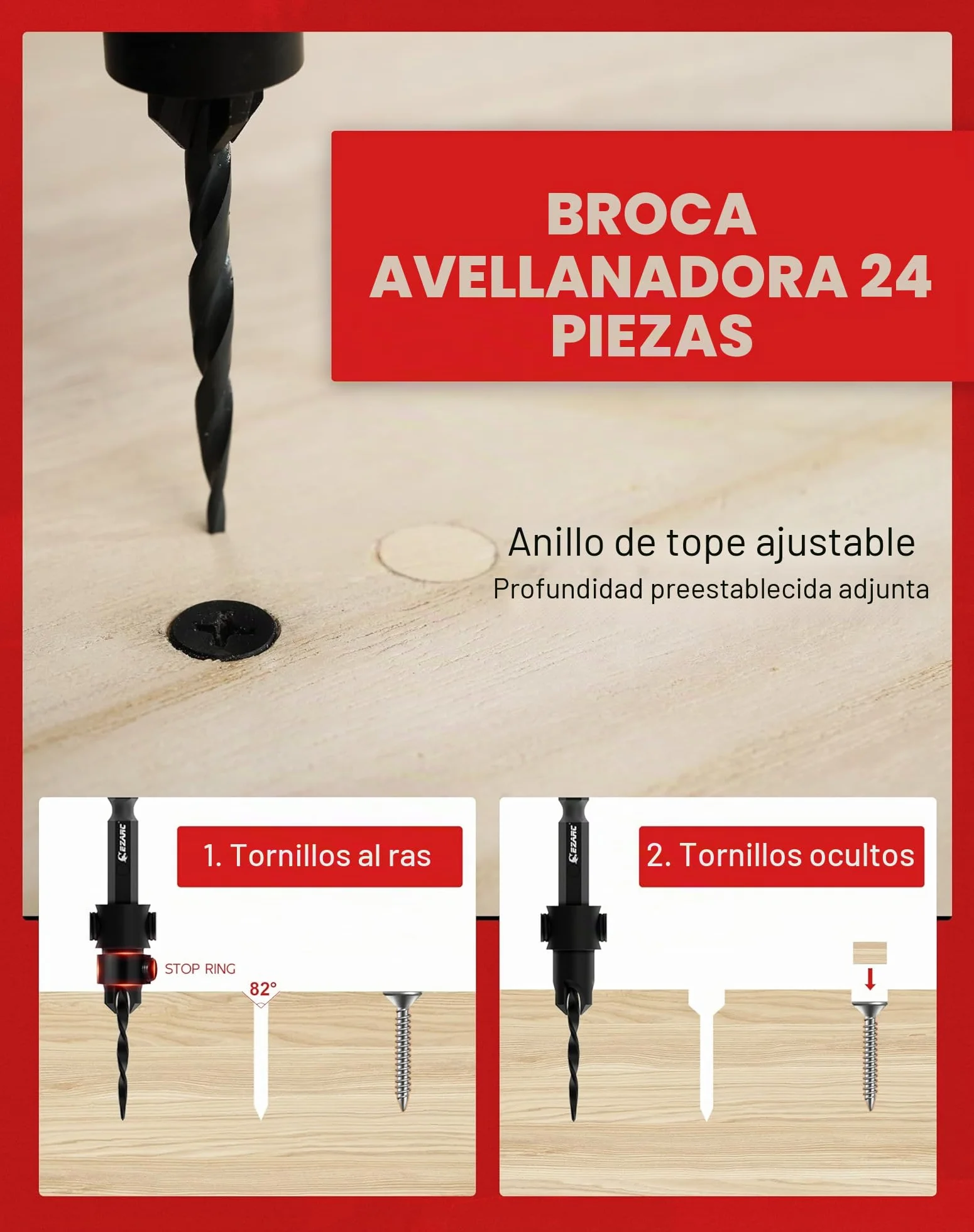 EZARC Set de brocas avellanadoras,24 piezas.Incluye brocas cónicas y 6 palitos de madera.Vástago hexagonal de 1/4",cambio rápido.Ideal para trabajos de carpintería.Caja de almacenamiento incluida.