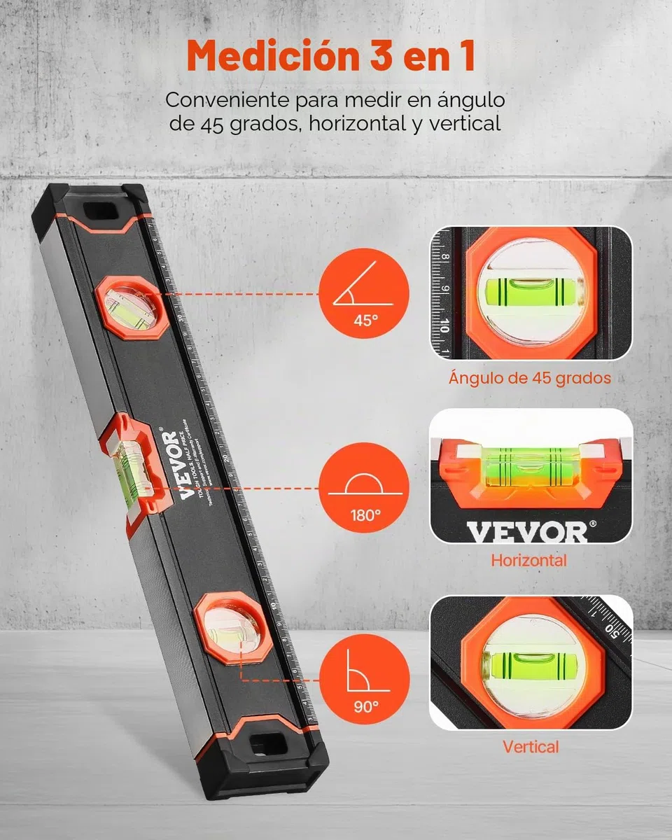 VEVOR Nivel de Torpedo 4 Piezas 250/400/600/1200 mm Regla de Viales de Burbujas con Luz Fluorescente para 45/90/180 grados Niveladora Magnética de Aleación de Aluminio, Solo 1200 mm Tiene Imán
