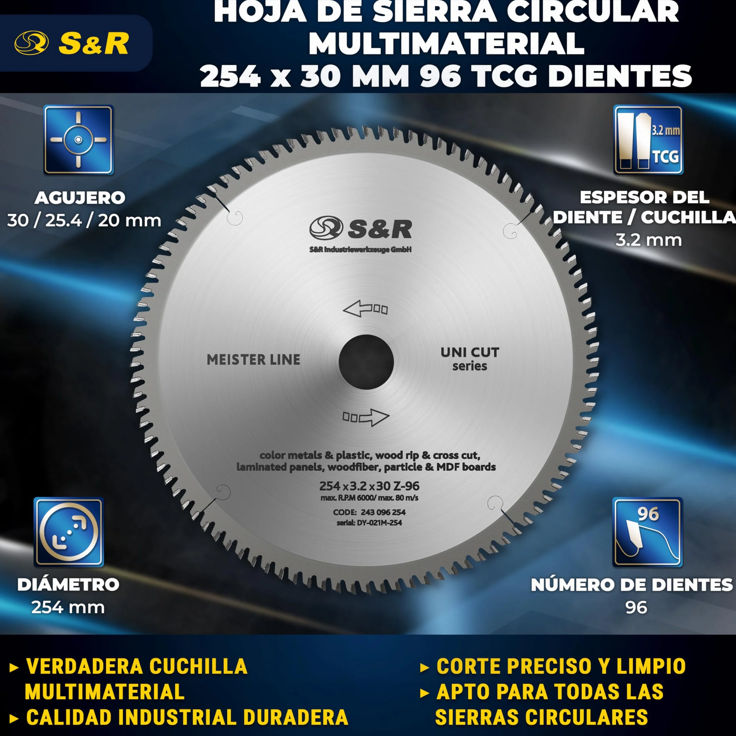 S&R Disco de corte 254 Madera y Metales - 96 Dientes/Hoja de sierra circular. calidad profesional