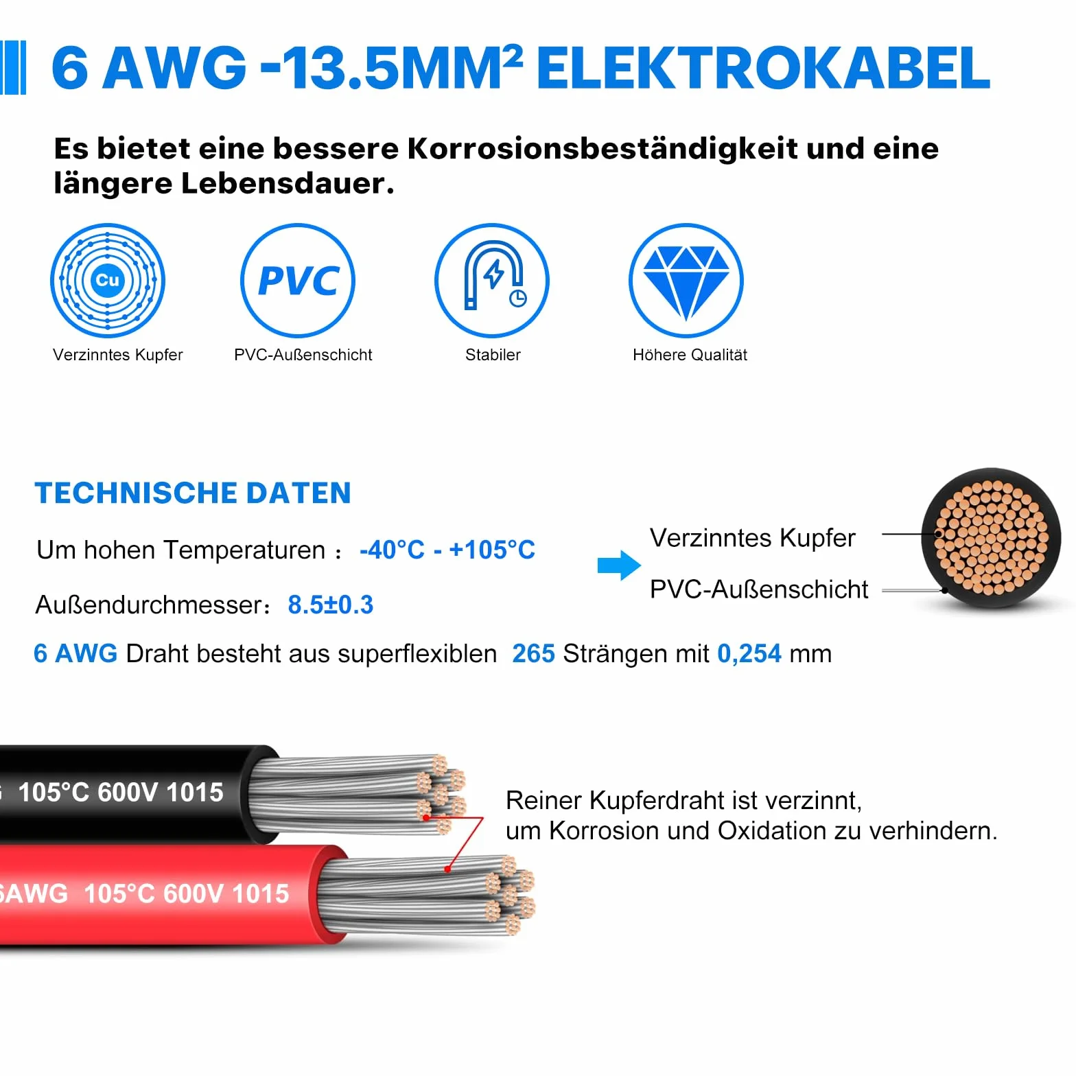 Cable eléctrico de PVC de 6 AWG 13,5mm² 6m de cobre estañado para paneles solares