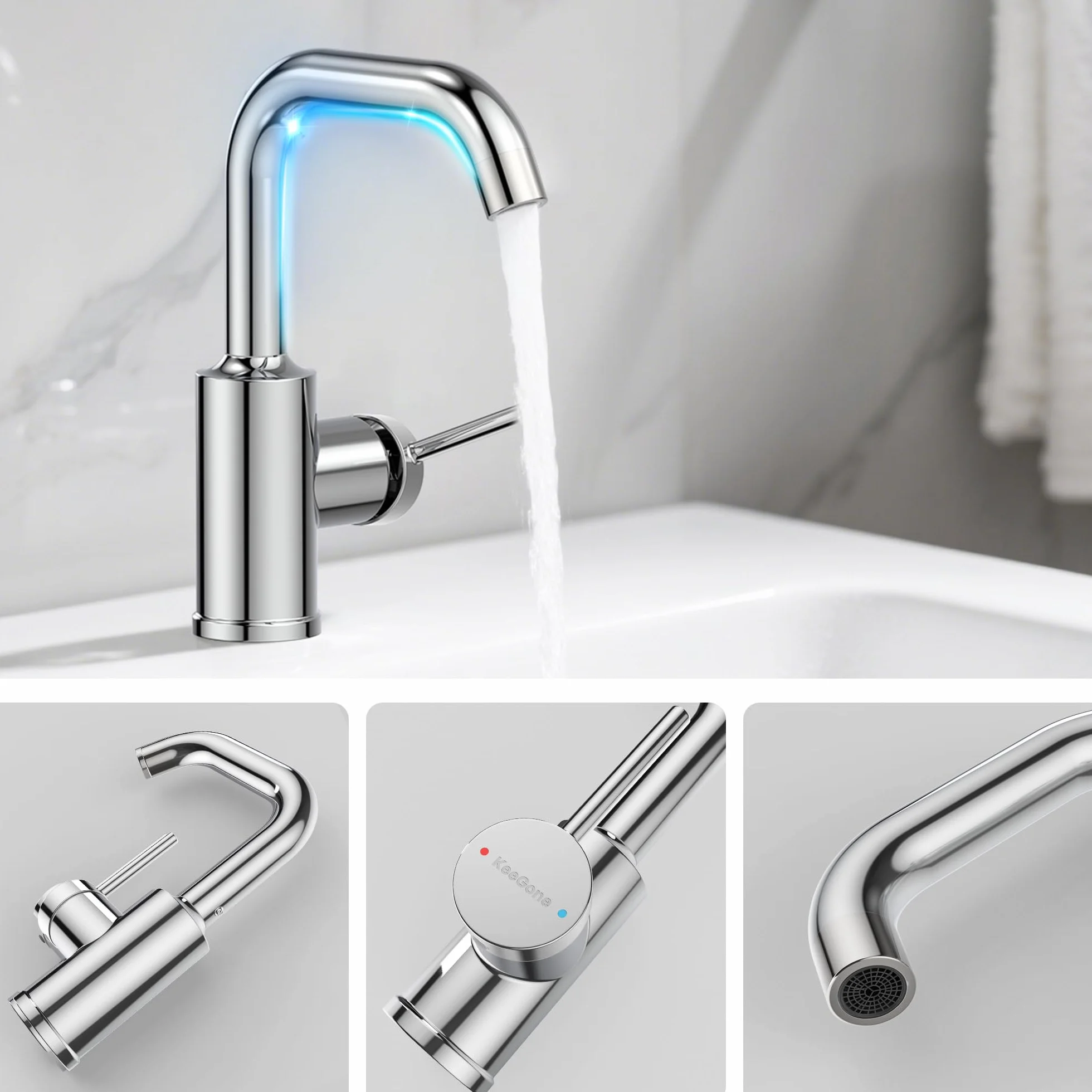 Grifo de Lavabo, Mezclador Monomando de Baño Alto, Caño Giratorio 360°, Acero Inoxidable con Mezclador de Agua Fría y Caliente, Aireador Extraíble, Acabado Cromo