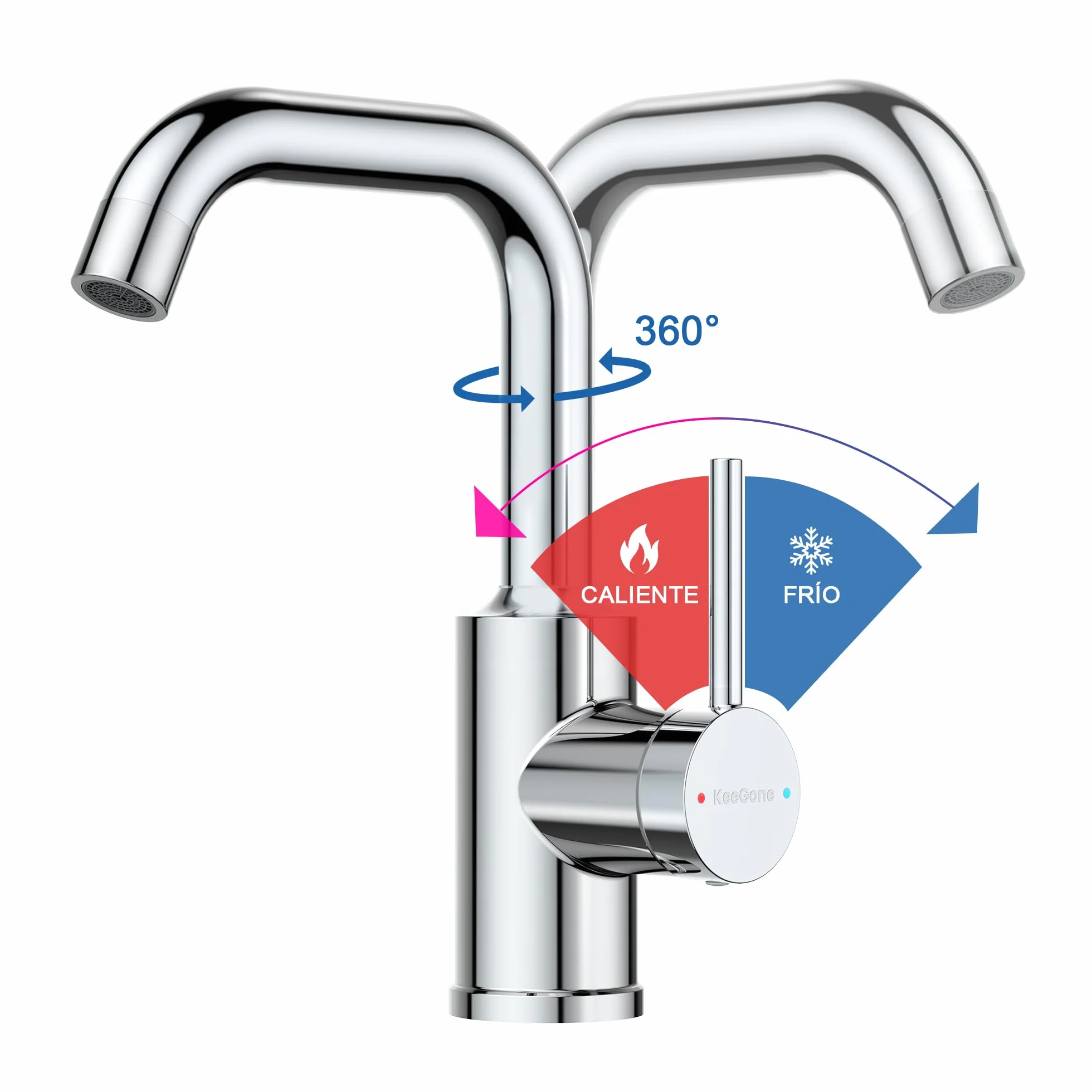 Grifo de Lavabo, Mezclador Monomando de Baño Alto, Caño Giratorio 360°, Acero Inoxidable con Mezclador de Agua Fría y Caliente, Aireador Extraíble, Acabado Cromo