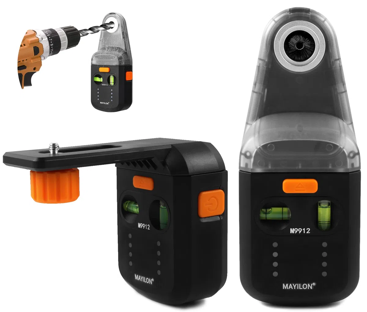 M9912 Colector de Polvo de Taladro Eléctrico con Nivel Láser, Boquilla de Polvo de Taladro, Taladro de Vacío de Succión de Pared para Taladrar Sin Polvo (Compatible con Taladros de Hasta 13mm)