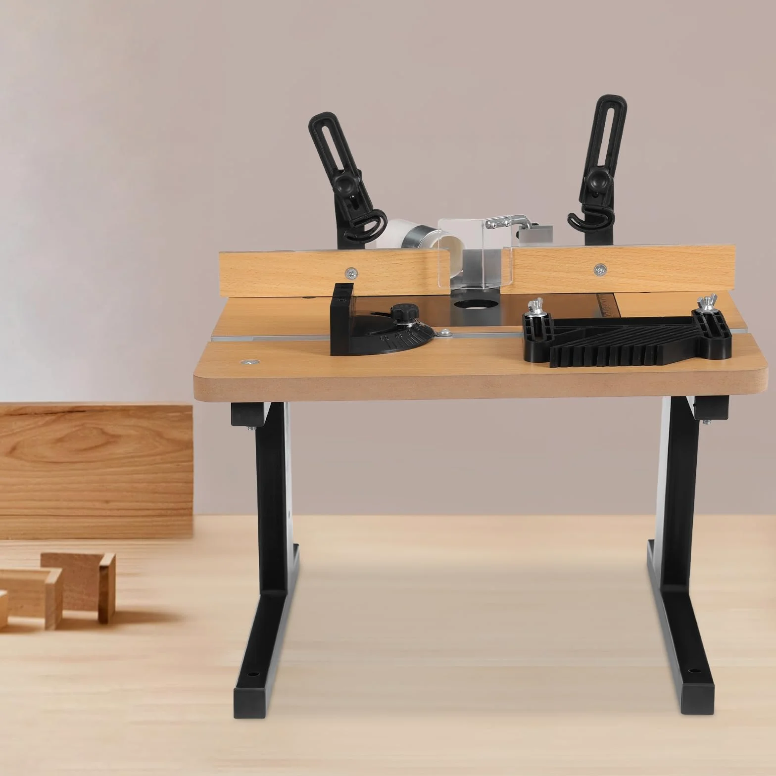Mesa de madera para carpintería, router, mesa de madera MDF, respaldo izquierdo y derecho, con escala de madera, 43 x 40 cm