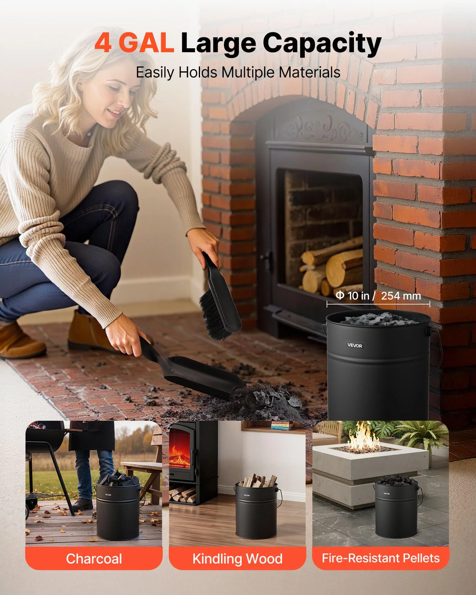VEVOR Cubo de Cenizas con Tapa 4 en 1, Incluye Cubo para Carbón, Pala, Escoba y Guantes, Capacidad de 15 L para Chimeneas, Fogatas y Estufas de Leña, Acero al Carbono, Color Negro, 254 x 305 mm