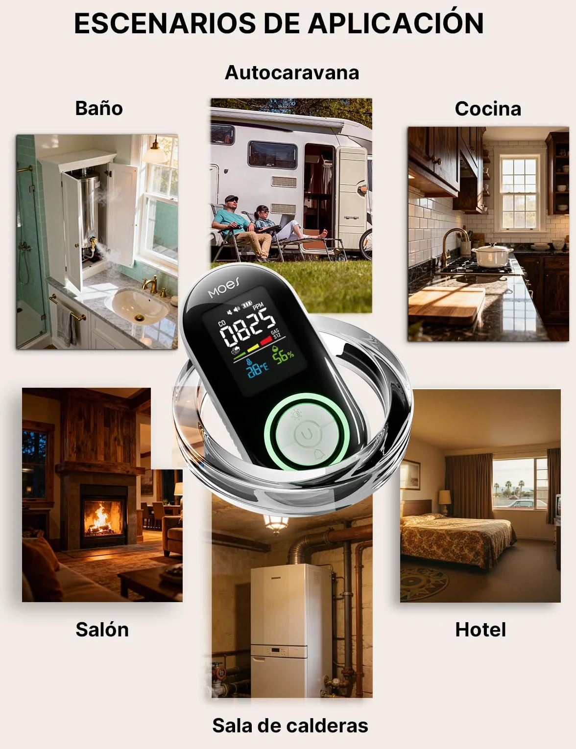 Detector de Monóxido de Carbono/Gases/Humo con Enchufe - Detector de CO 5 en 1 con Sensor de Temperatura & Humedad - Alarma Sonora para GLP, Propano, Metano, Etano y CO - para Casa y Autocaravana