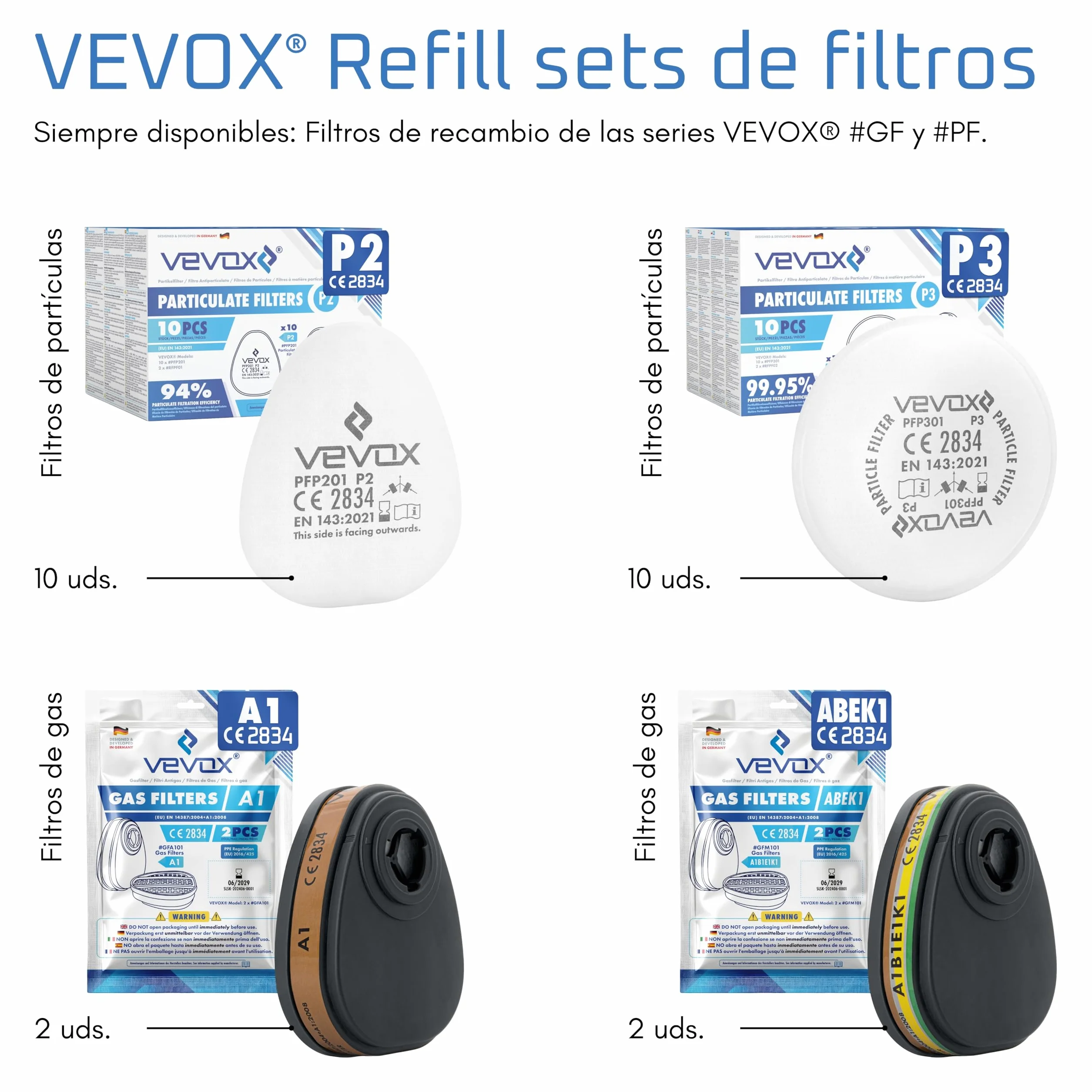 VEVOX® Máscara respiratoria con filtro A1P2 – Protección contra gases, vapores y partículas finas de polvo – Ideale para pintura, lijado y obra – Con 6 filtros P2 antipartículas y 2 A1 antigás