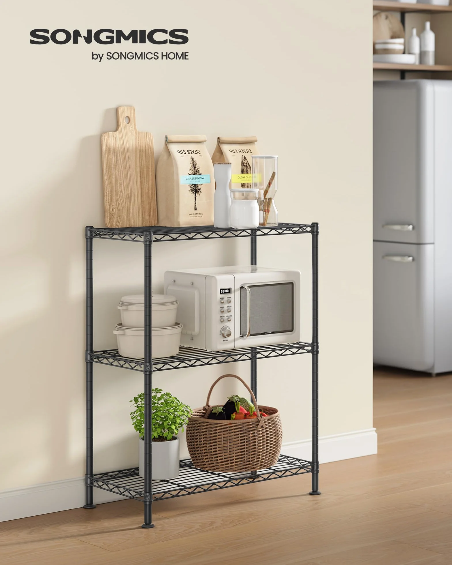 SONGMICS Estantería de Almacenamiento Metálica 3 Niveles 30 x 60 x 77 cm Negro